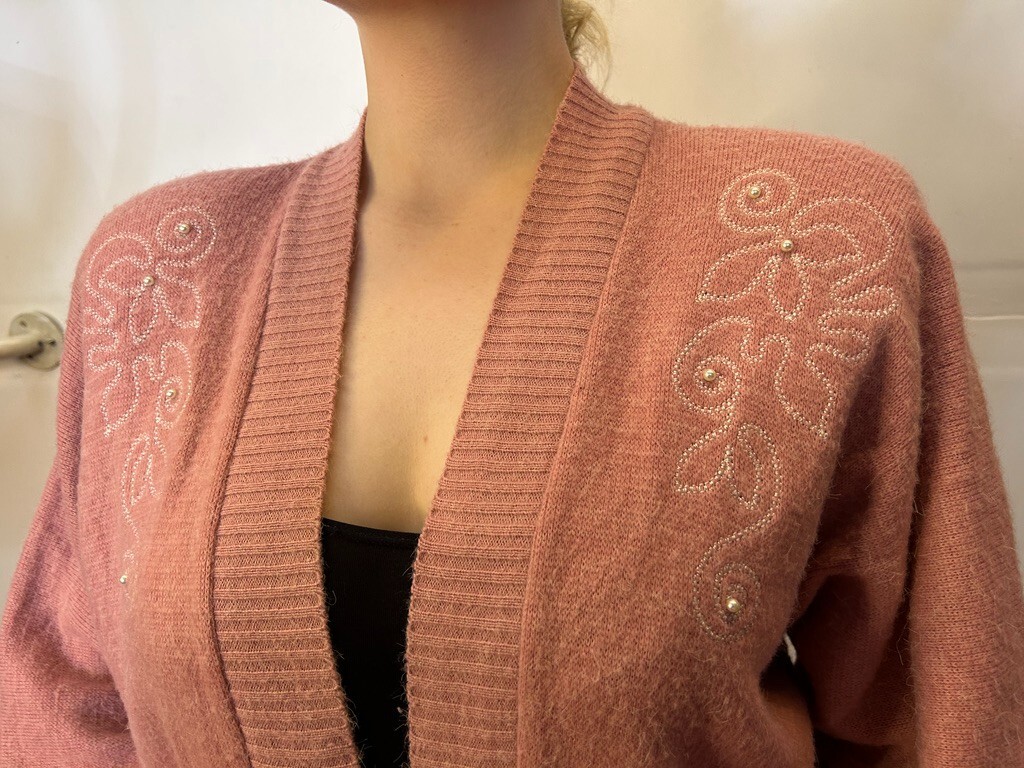 Vintage Australian 1980s Barricade Pink Cardigan Knit Sweater Embroidered AU 8/S