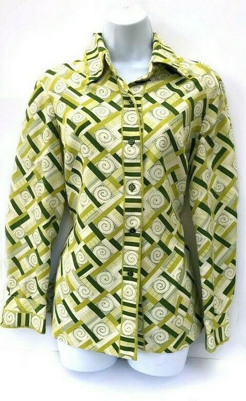 Vintage 60s/70s Rayon / Polyester Green op art womens Blouse sz M Nice!