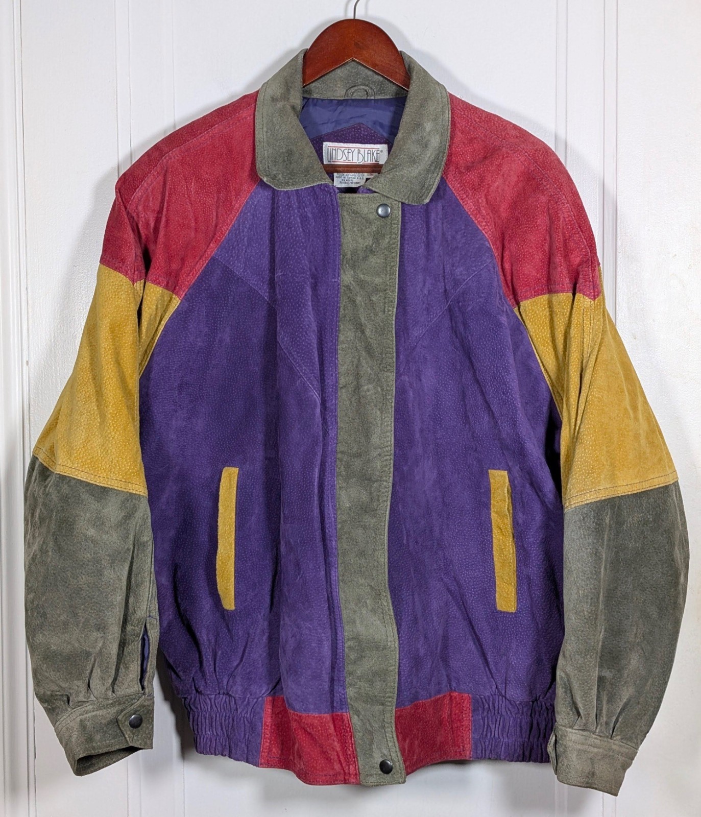 Vintage 80s 90s Colorful Suede Leather Jacket Color Block Lindsey Blake Bomber