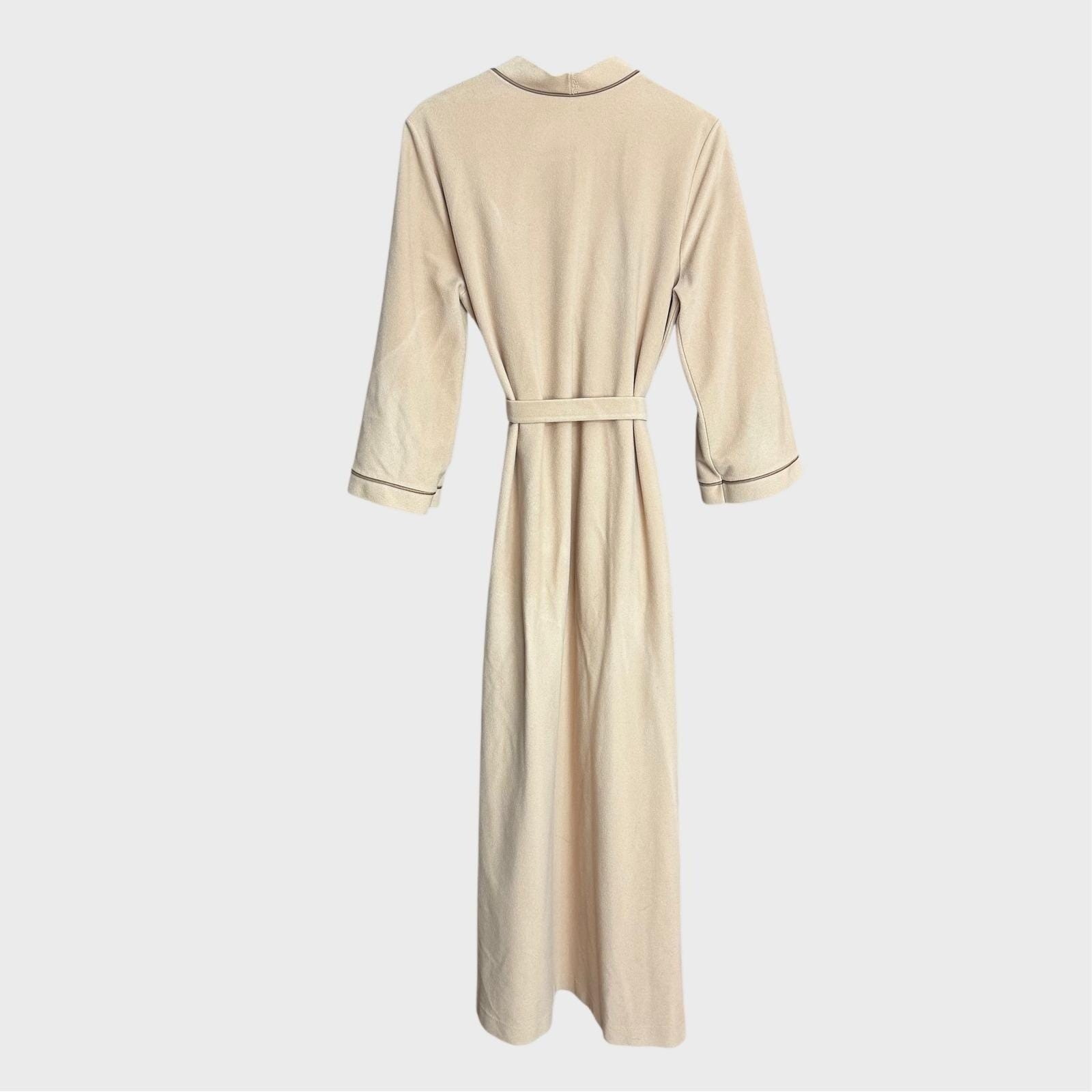 Vintage 80’s Beige Women’s Med Large Long Robe dark piping Retro Cozy Soft