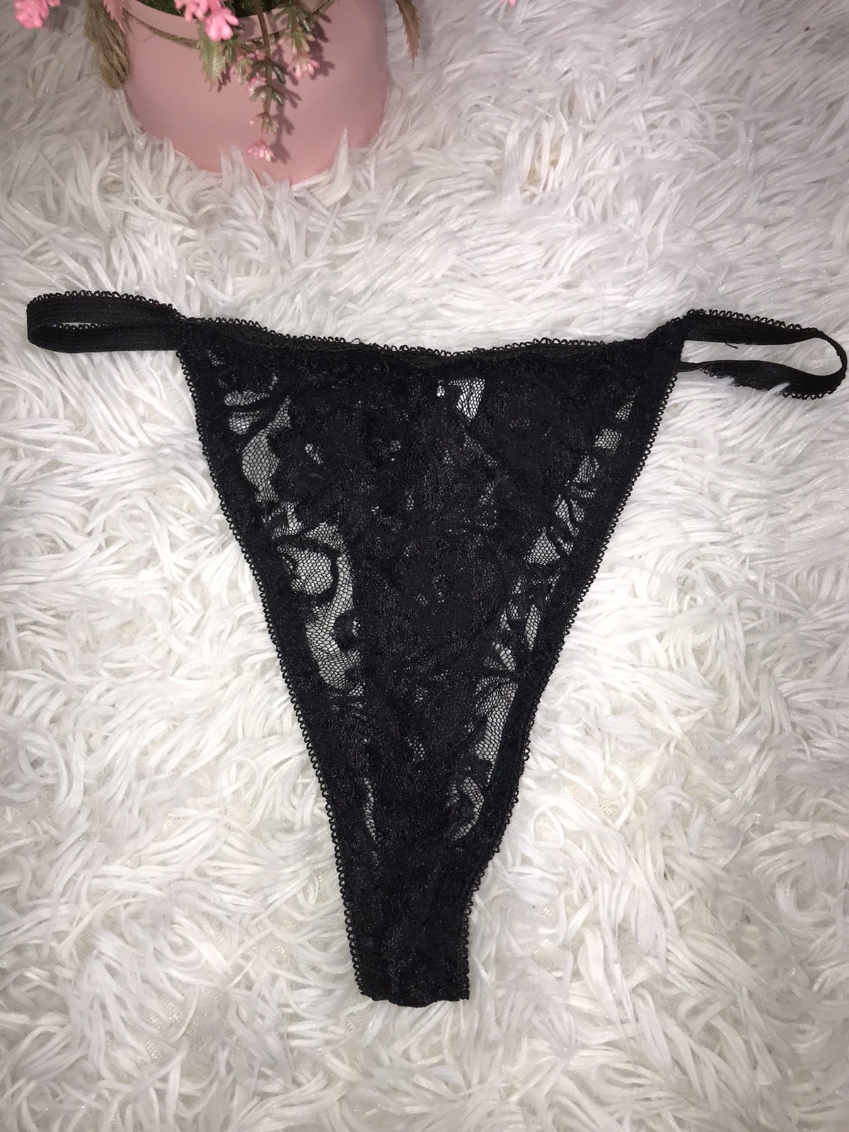 Women’s Lace Sz Large Floral Thong String Panties Black Strappy Underwear