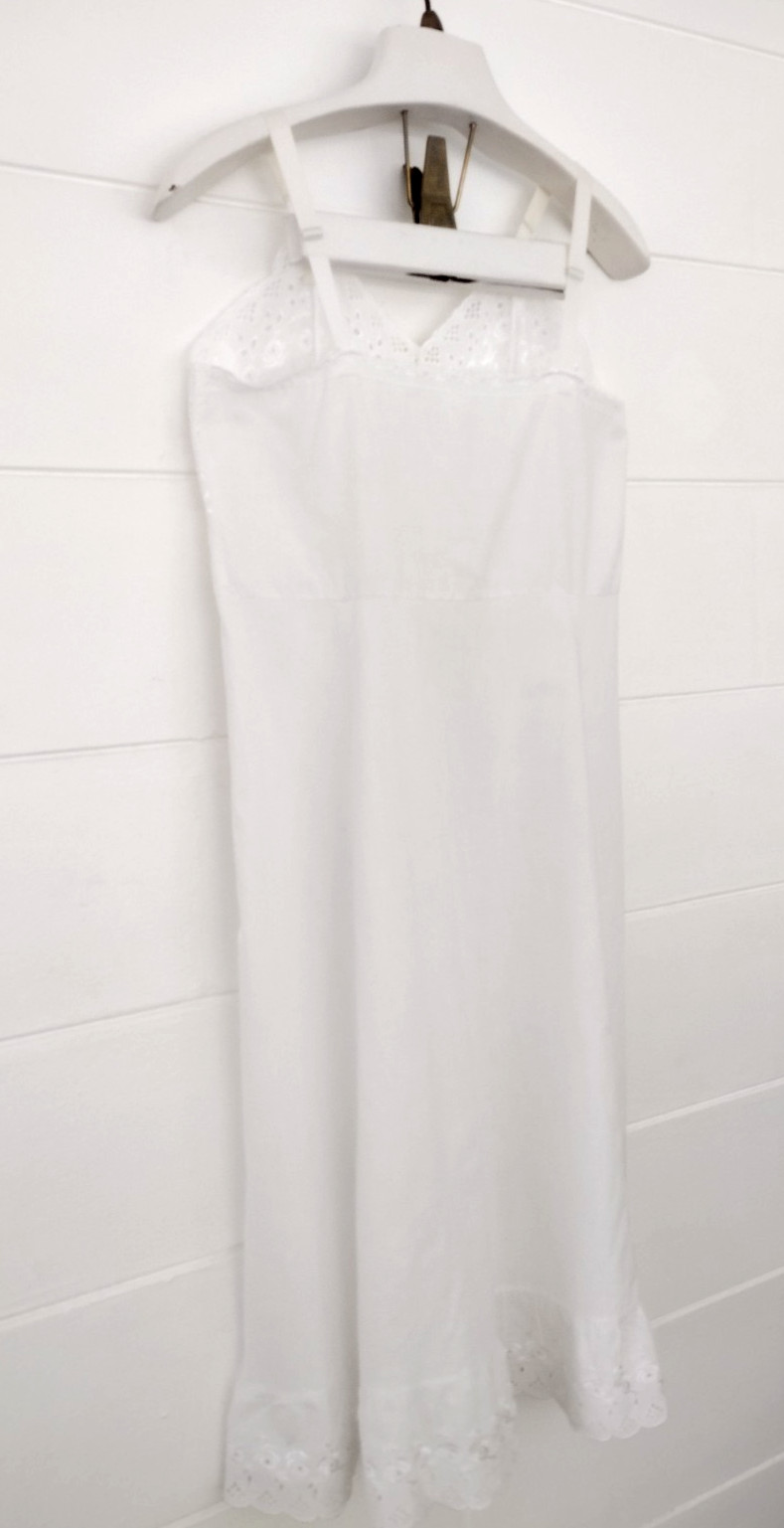 Vtg 50s Stones Wear Full Slip Dress White Cotton Eyelet Floral Lace Ruffle 38avg