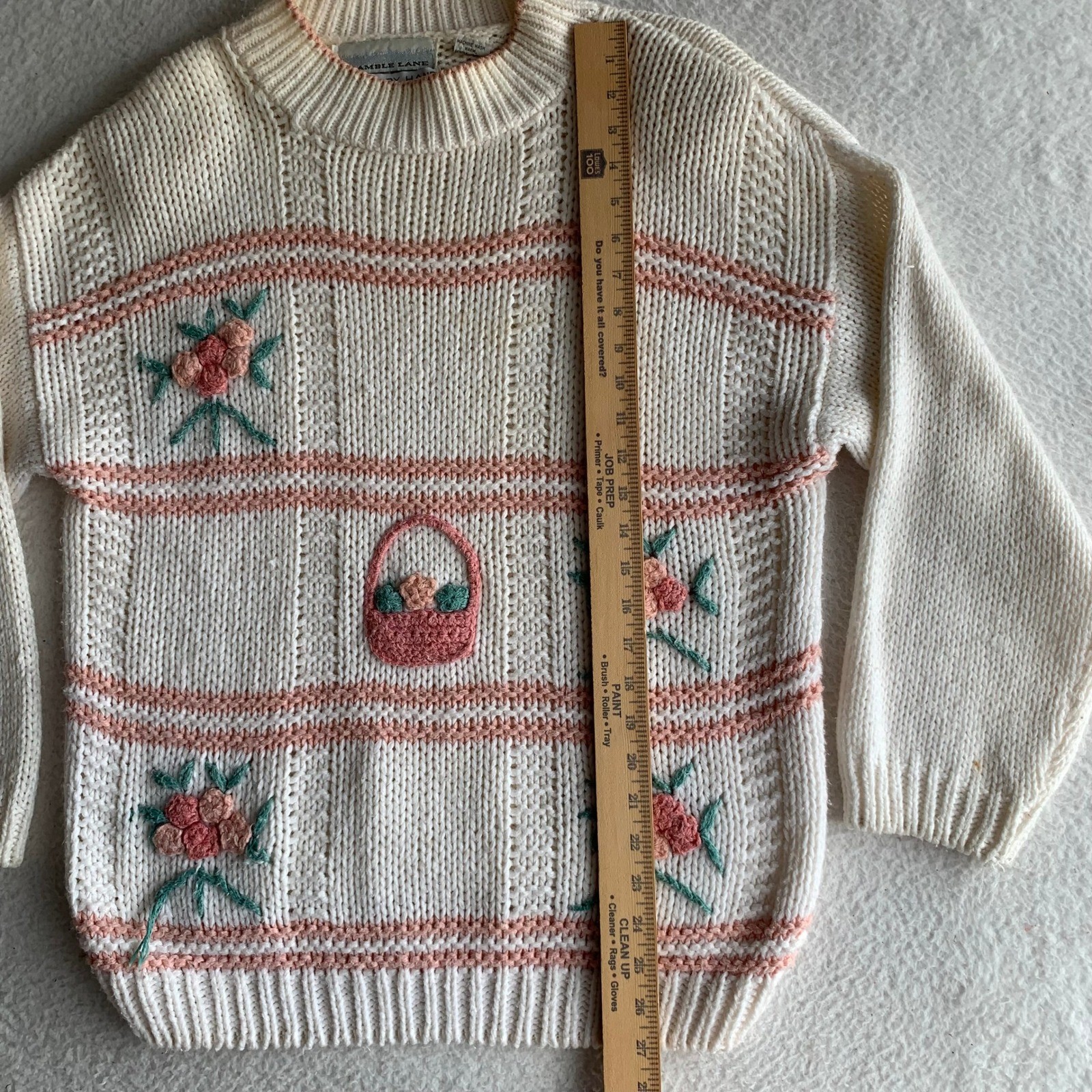 VTG Bramble Lane Hand Knit Sweater Sz L Ramie Blend Floral Cottagecore (STAINS)