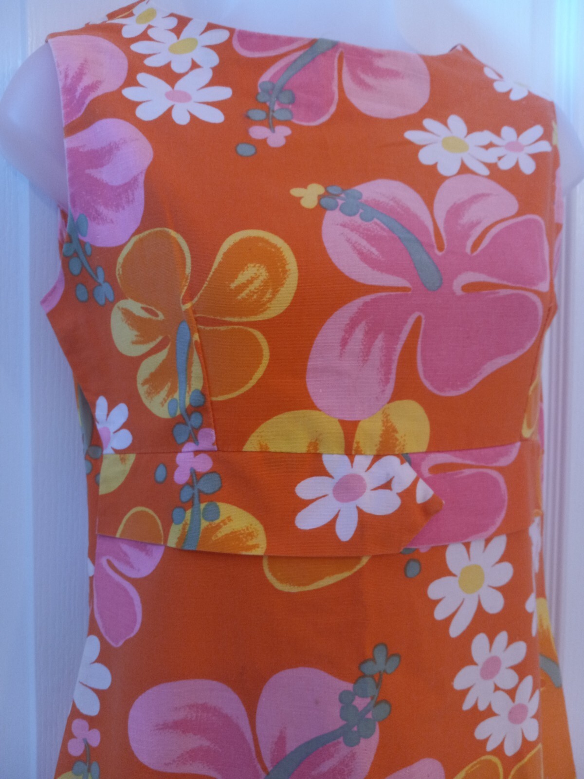 Vintage 60s Hawaiian Psychedelic Orange Floral Tiki Oasis Ruffled Skirt Dress SM