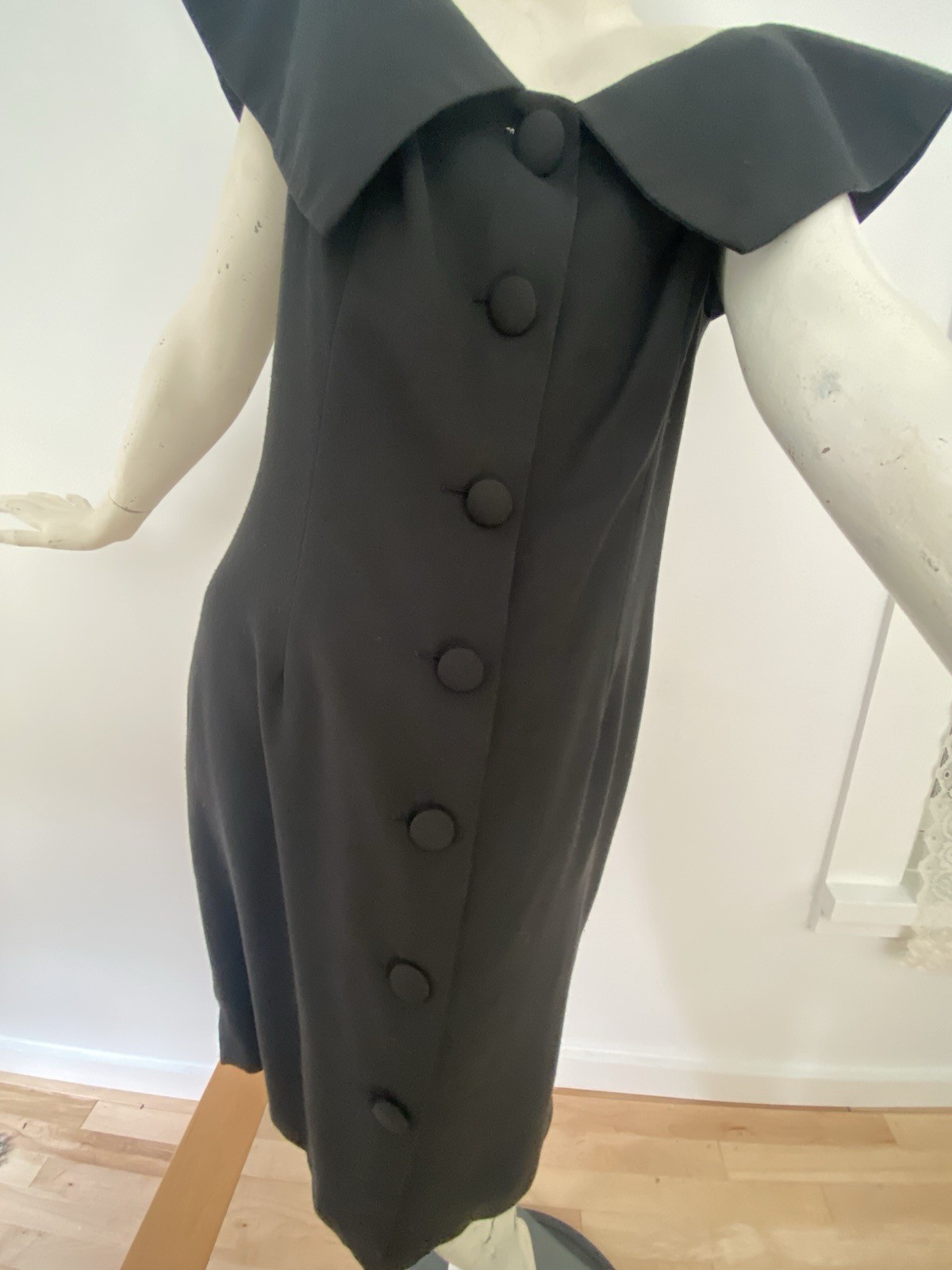 Vintage 80s Kathryn Conover NY USA Made Black Off Shoulder Button Up Dress Large