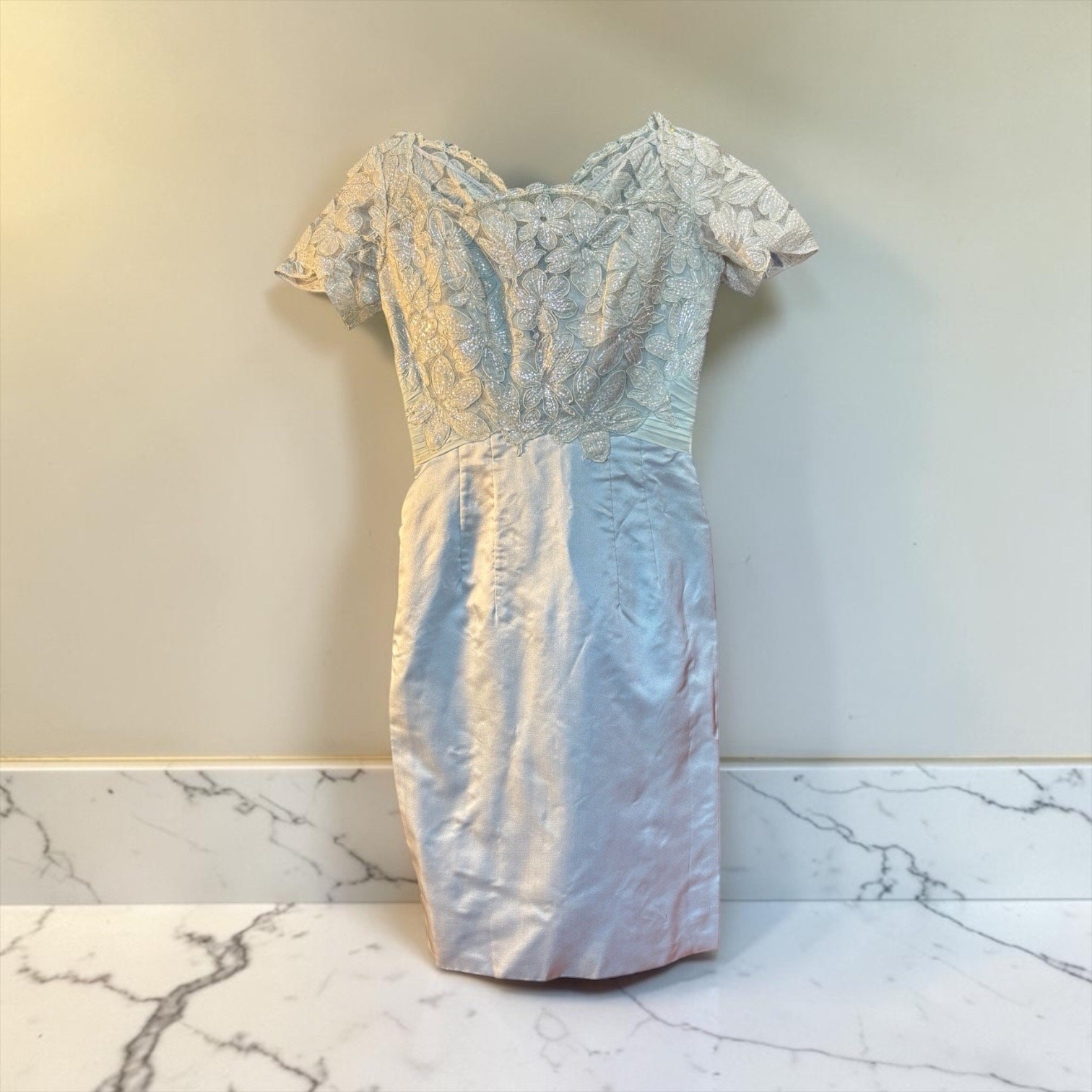 50s Ice Blue Beaded Lace Bombshell Wiggle Dress Cocktail Glam