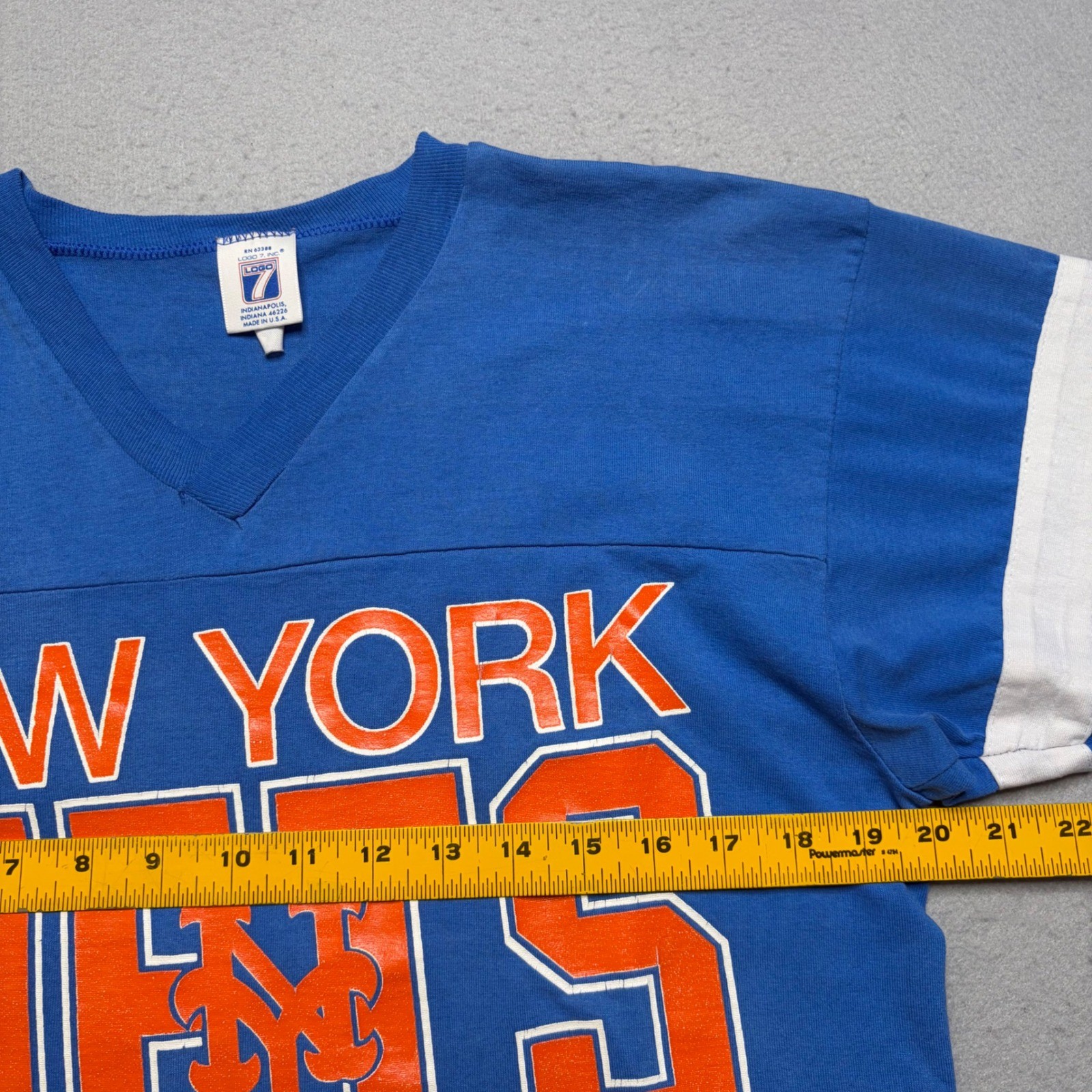 Logo 7 Shirt Womens M Blue New York Mets Vintage 80s Jersey Style Striped Sleeve