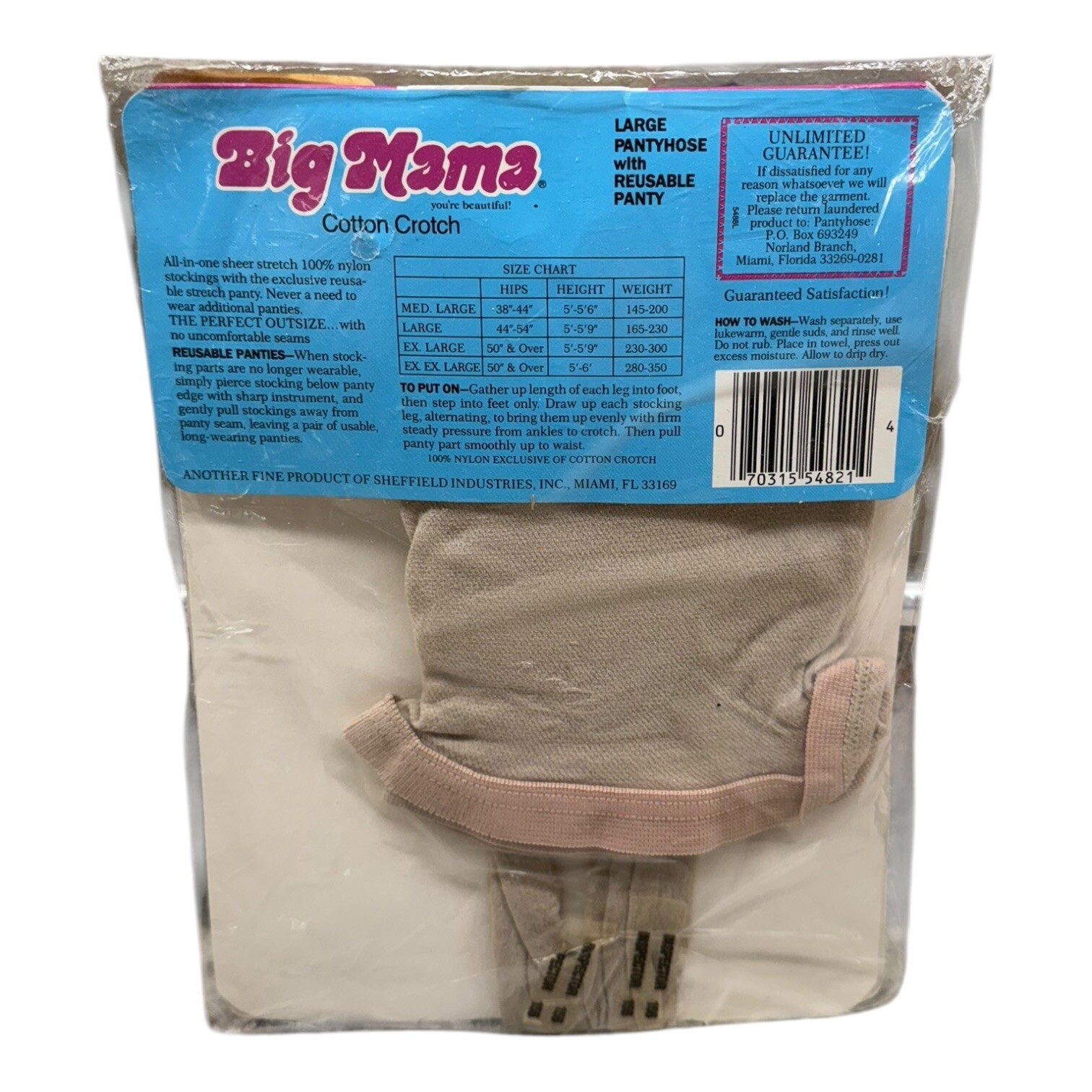 Vtg New Big Mama Nylon Pantyhose With Reusable Panty Large 165-230 Lbs Oatmeal