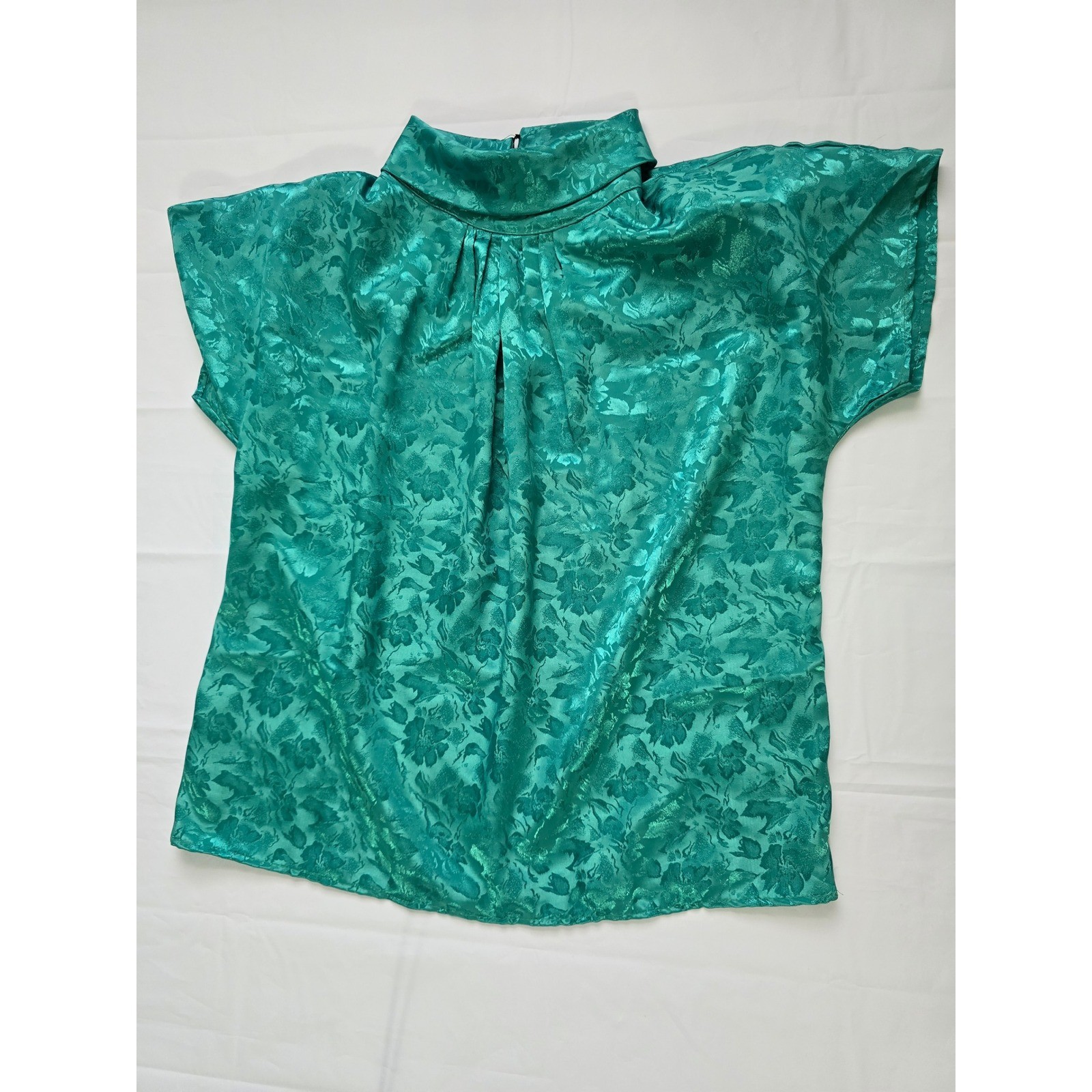 Cindy Collins Vintage Emerald Green Floral Jacquard Mock Neck Blouse Large USA