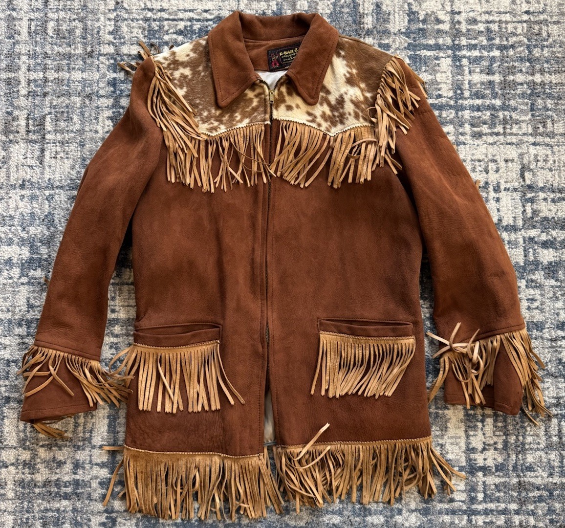 Vintage 1940s K-Bar-Z Brown Suede Cowhide Leather Fringe Jacket Women’s Sz M