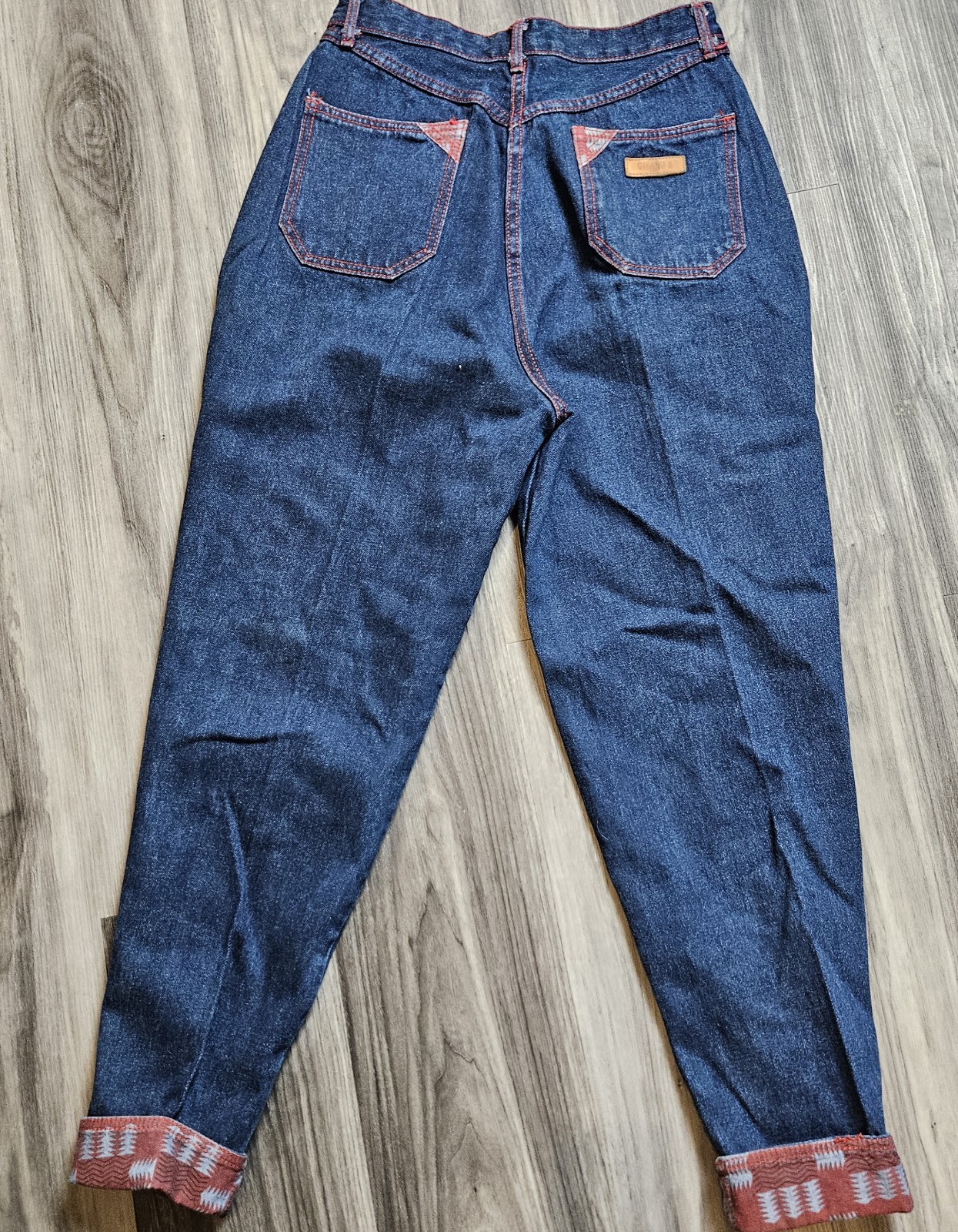 80s VTG Gitano Womens Blue Denim Red Stitching Tribal Accent Cuffs/Pockets Y2K