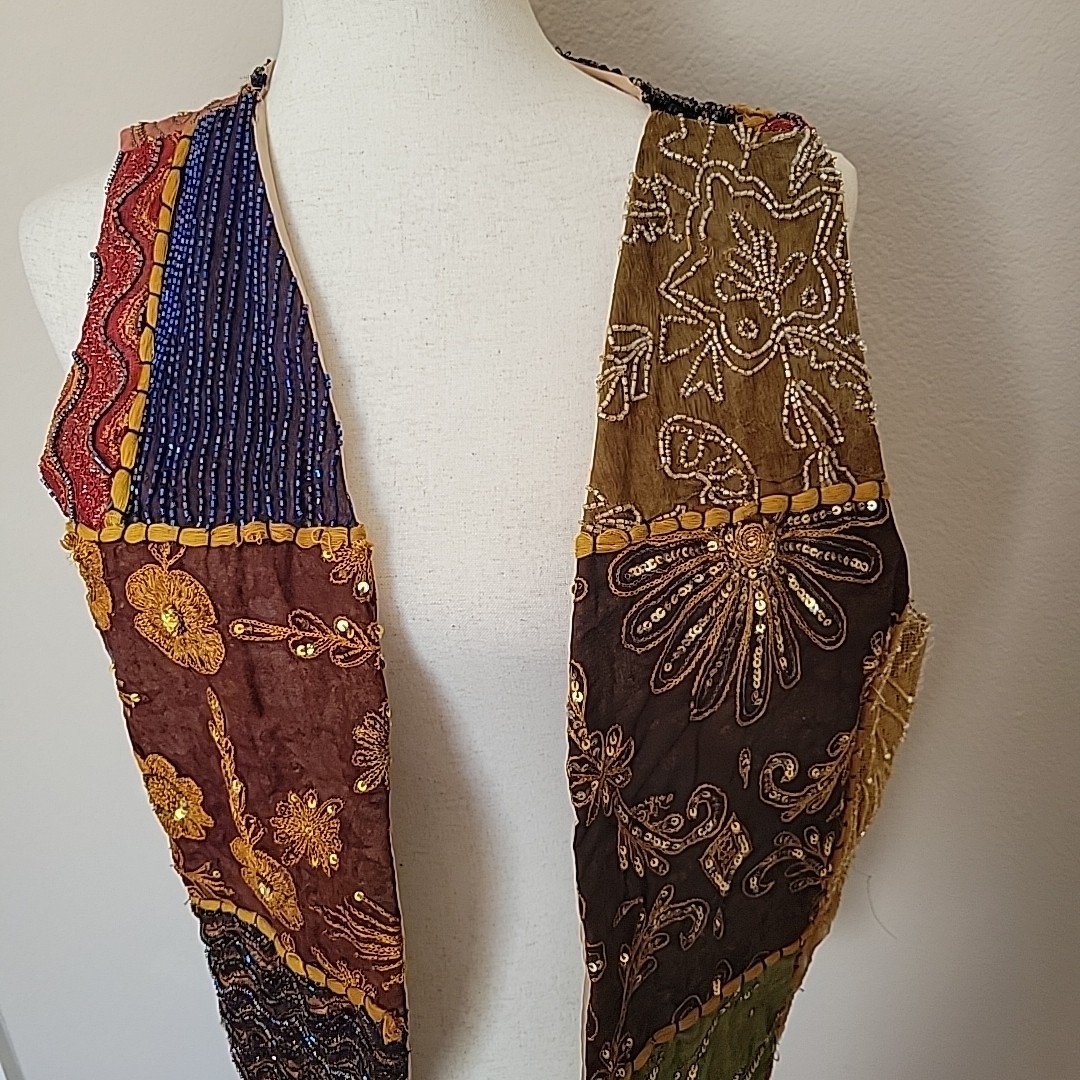 Vintage Beaded Patchwork Open Front Vest Sz O/S Hippie Boho Bohemian Cottage 90s