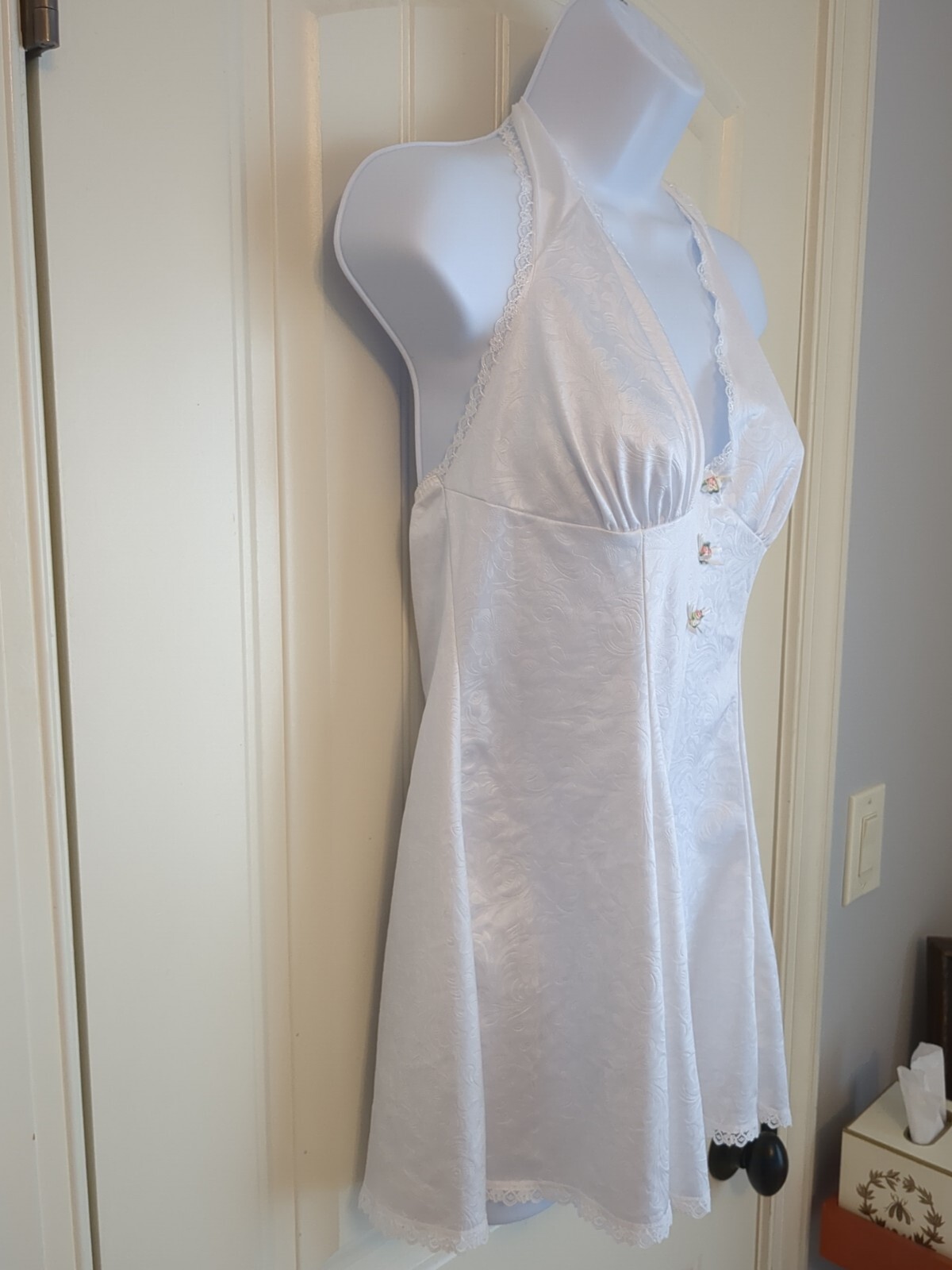 VTG Petra Fashions Liquid Shiny Wet Satin Teddy Romper Playsuit Floral White MED