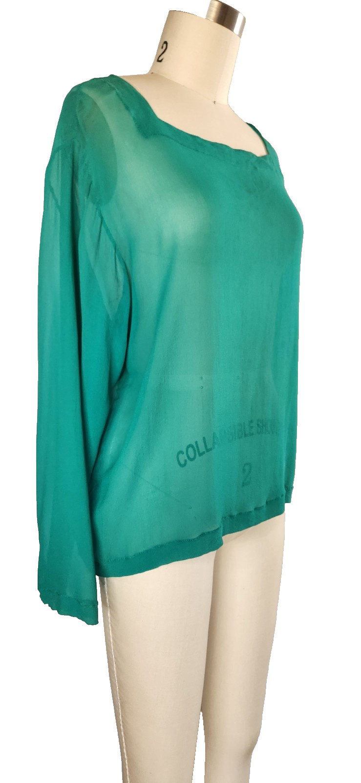 VTG 80s OMO Norma Kamali Green SILK Blouse Top Long Sleeves Sheer Oversized L
