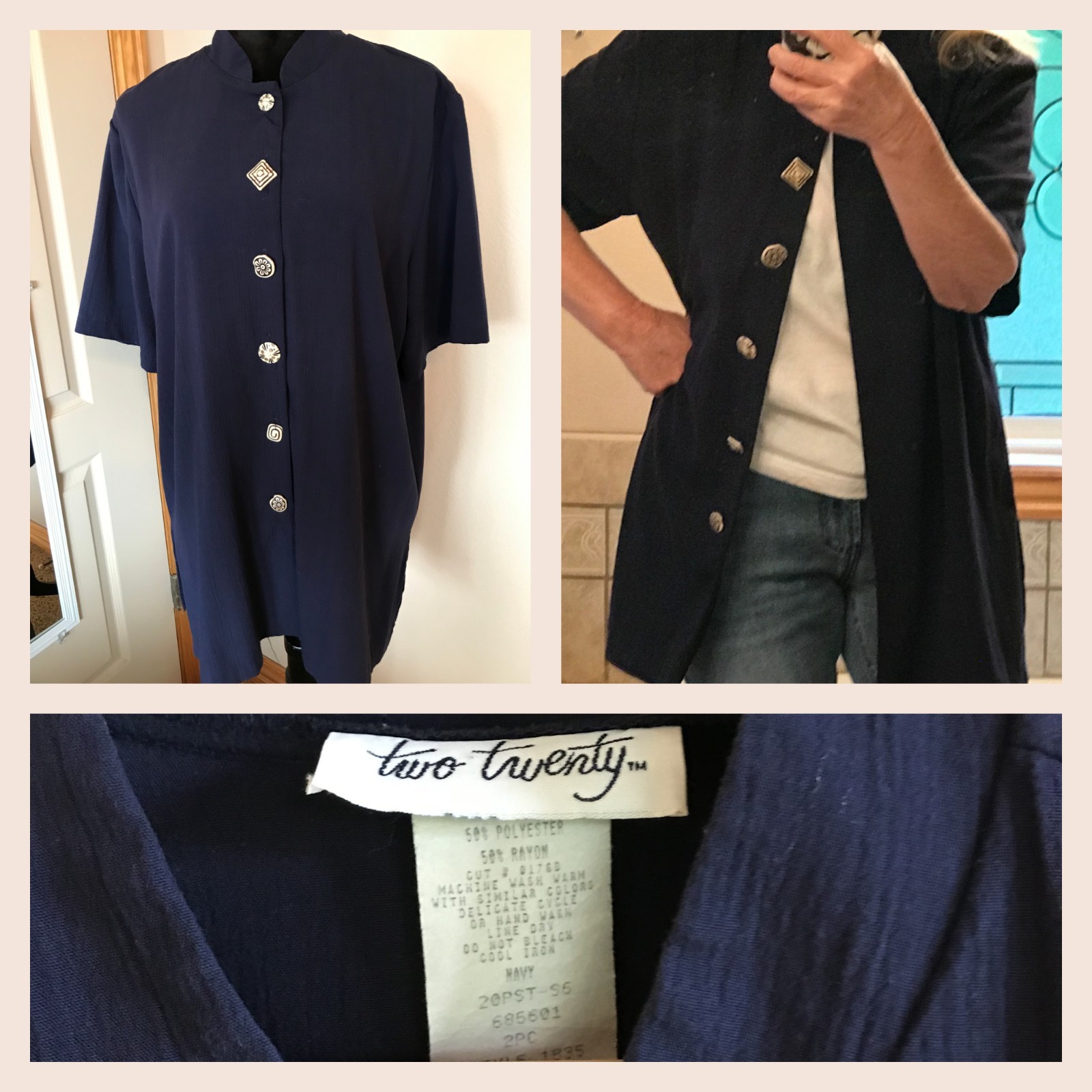 VTG 90s two twenty Rayon Blend Tunic, Dark Blue Blazer Top Unique Buttons Sz 18