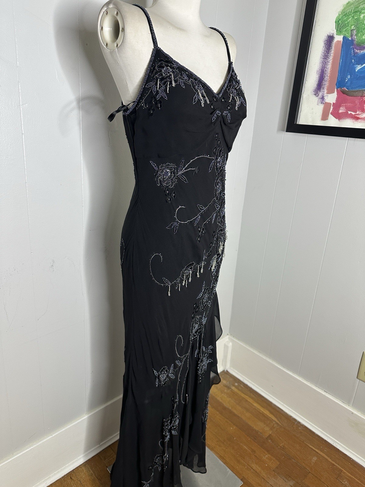 Vintage Y2K Silk Chiffon Bias Cut Beaded Art Deco Look Mermaid Maxi Dress