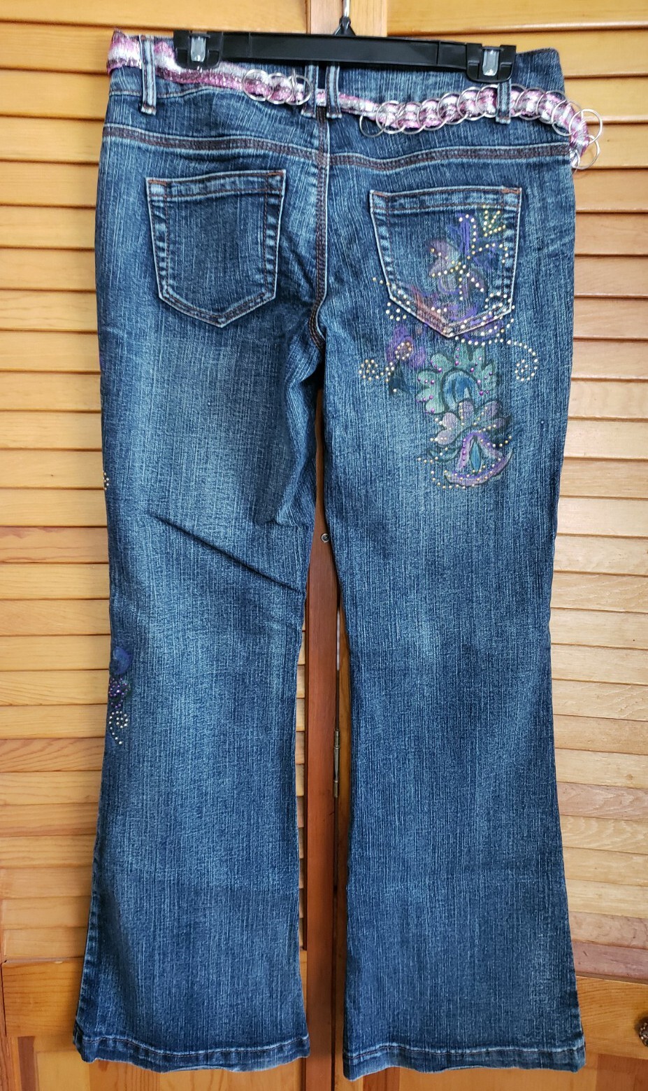 Juniors JouJou Embellished Flower Rhinestone Flare Jeans Y2K Scarf Belt Sz 7/8