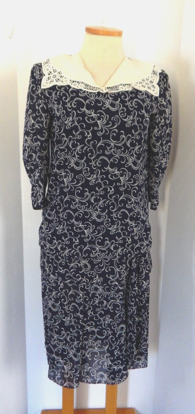 Vintage 80s Liz Roberts Dark Blue Floral Lace Collar Below Knee Dress Size 10