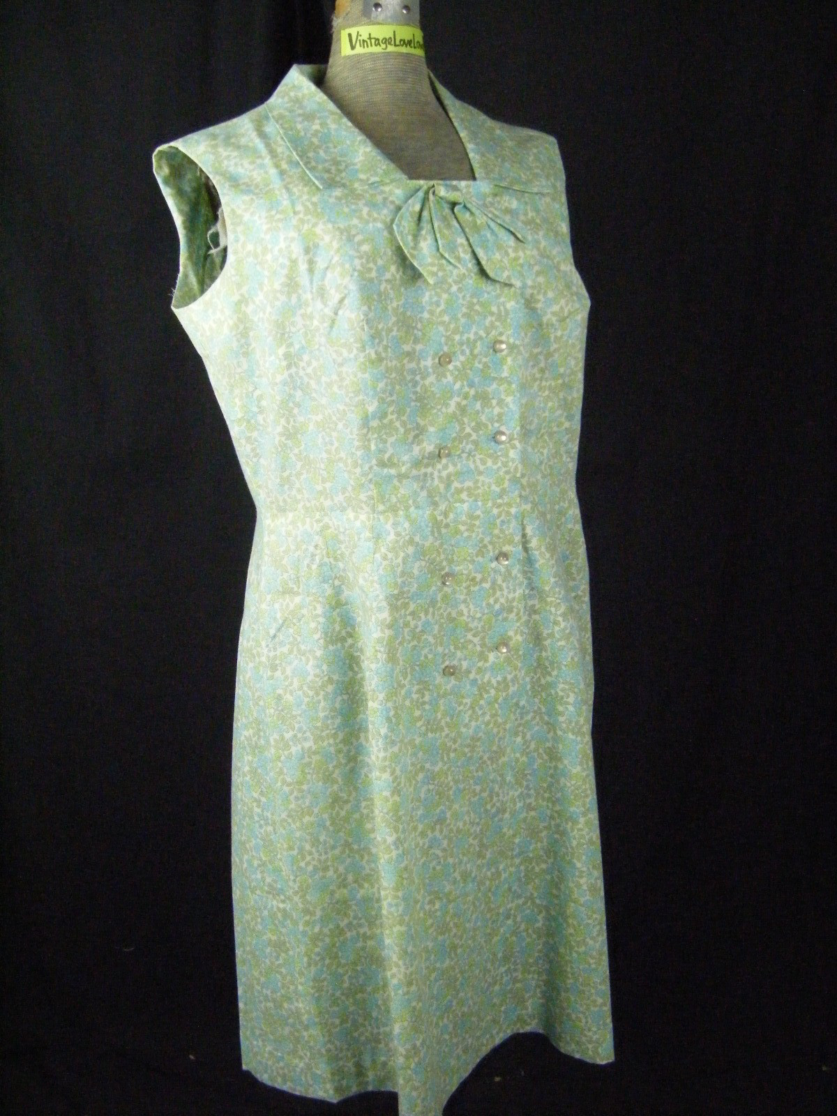 PAT PERKINS Vtg 50s Blue Green Floral Bow Sleeveless Summer Dress-Bust 41/S-M