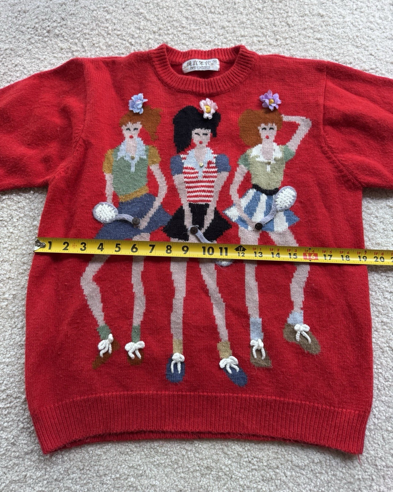 Vintage Tennis Women’s Sweater Novelty Knit Red Floral Applique Retro 80s 90s