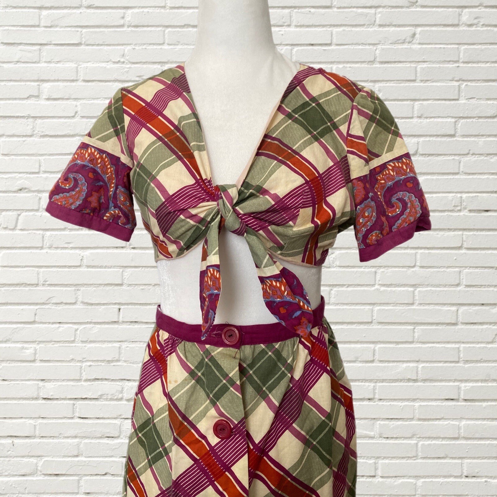 Vintage 70s 3 Piece Set Cotton Crop Top Hot Shorts & Maxi Skirt Paisley Print