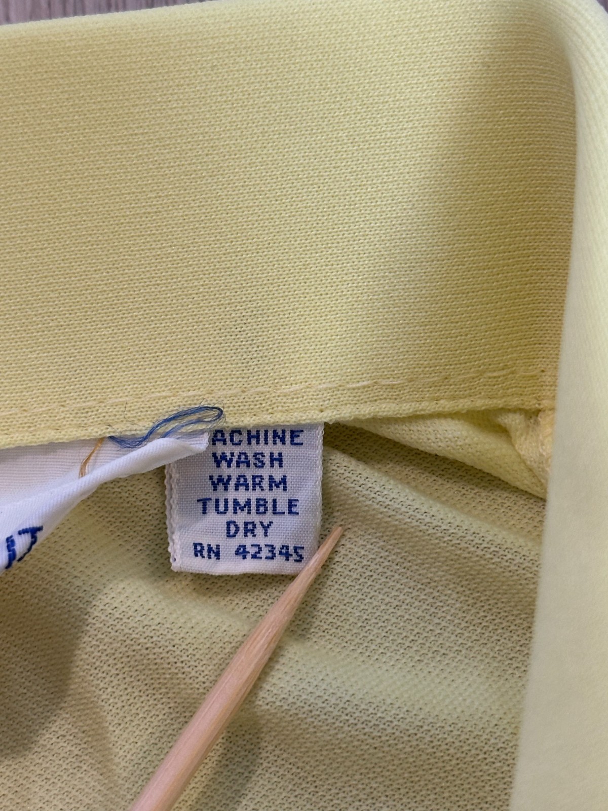 Vintage 70s Yellow Polyester Knit Disco Blouse Dagger Collar Hong Kong Sz 10