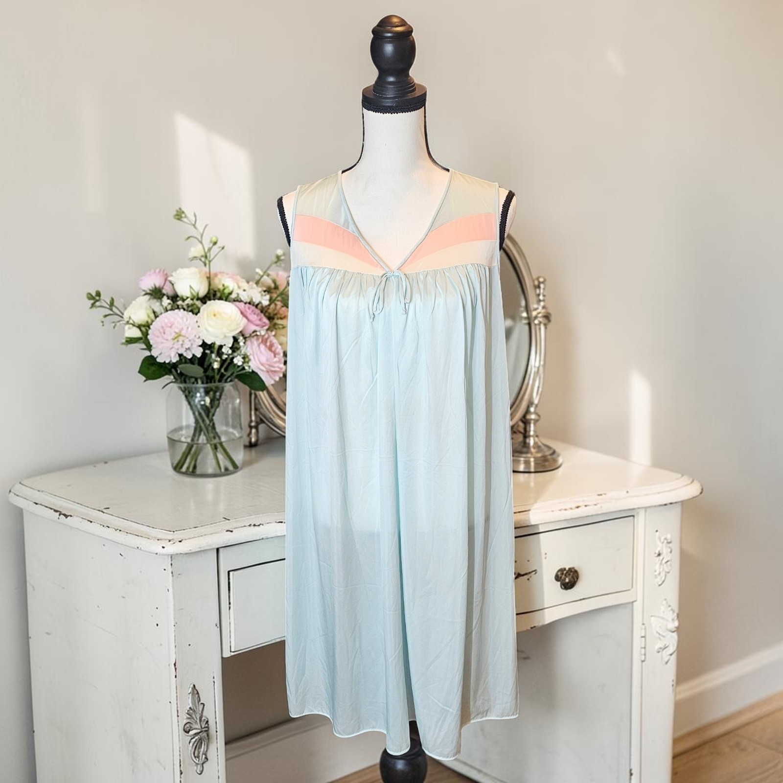 VTG Lorraine Nightgown MD Mint Seafoam Peach Color Block Sleeveless Nylon Sheer