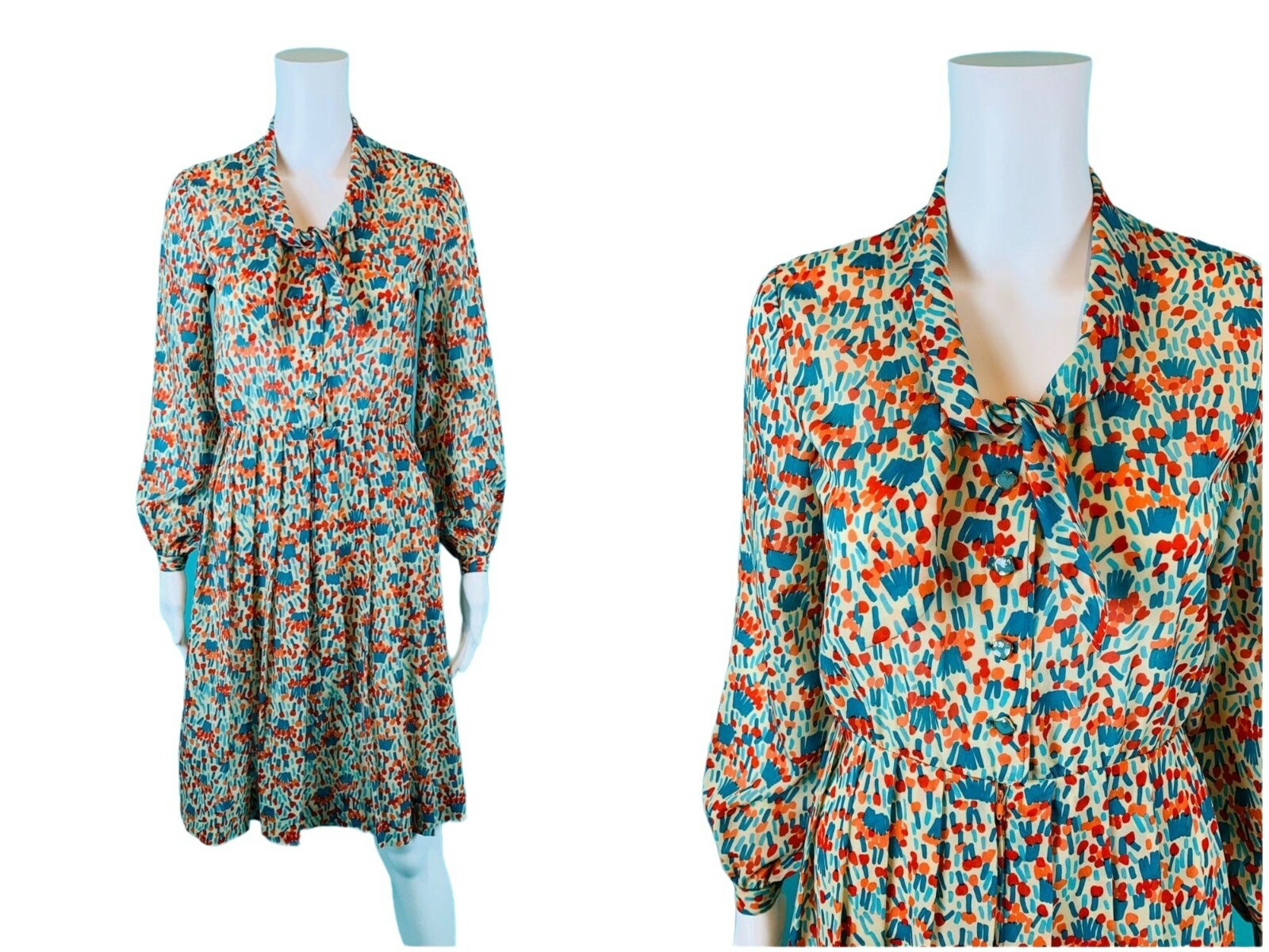 Vintage 1980s Silk Shirtdress Necktie Red Orange Blue Artistic Printed Dress