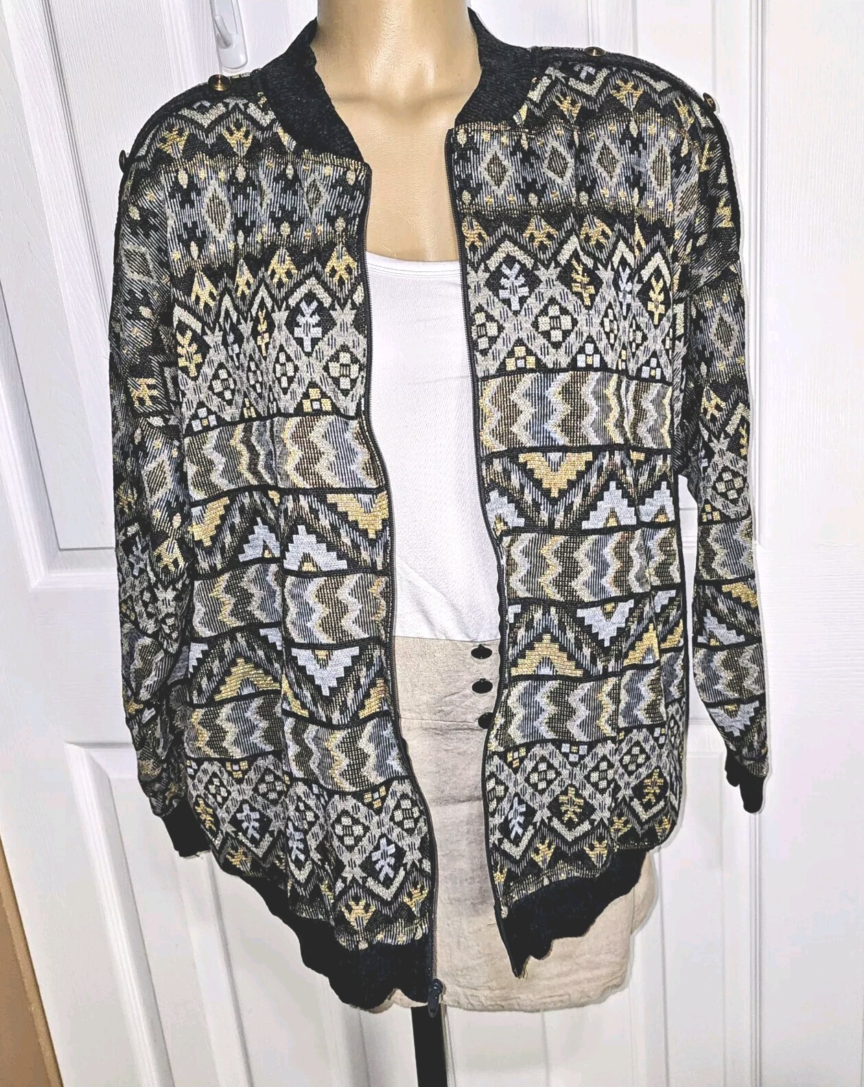 Periphery Kathleen Usherwood Nieman Marcus Vtg 80s Metallic Knit Zipper Top Sz L