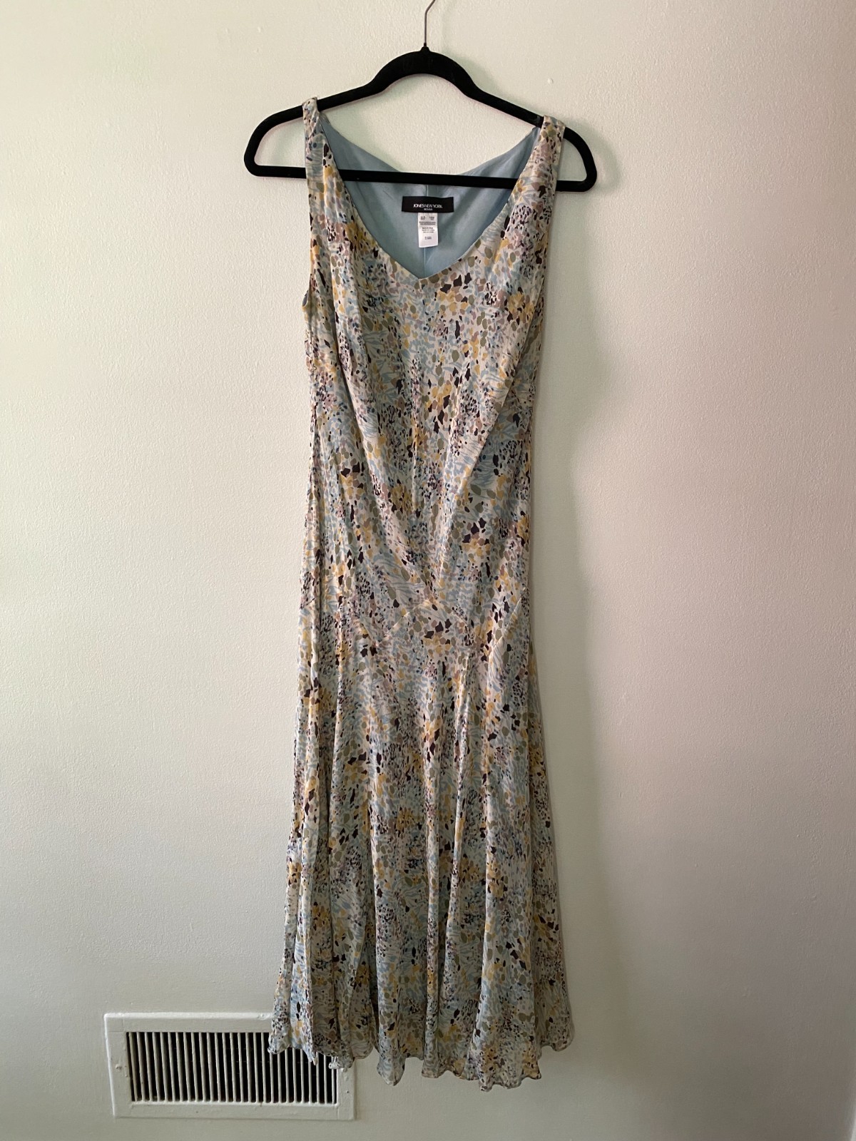 VTG y2k 100% Silk Blue Abstract Floral Bias Cut Dress Boho Fairy Size 16W