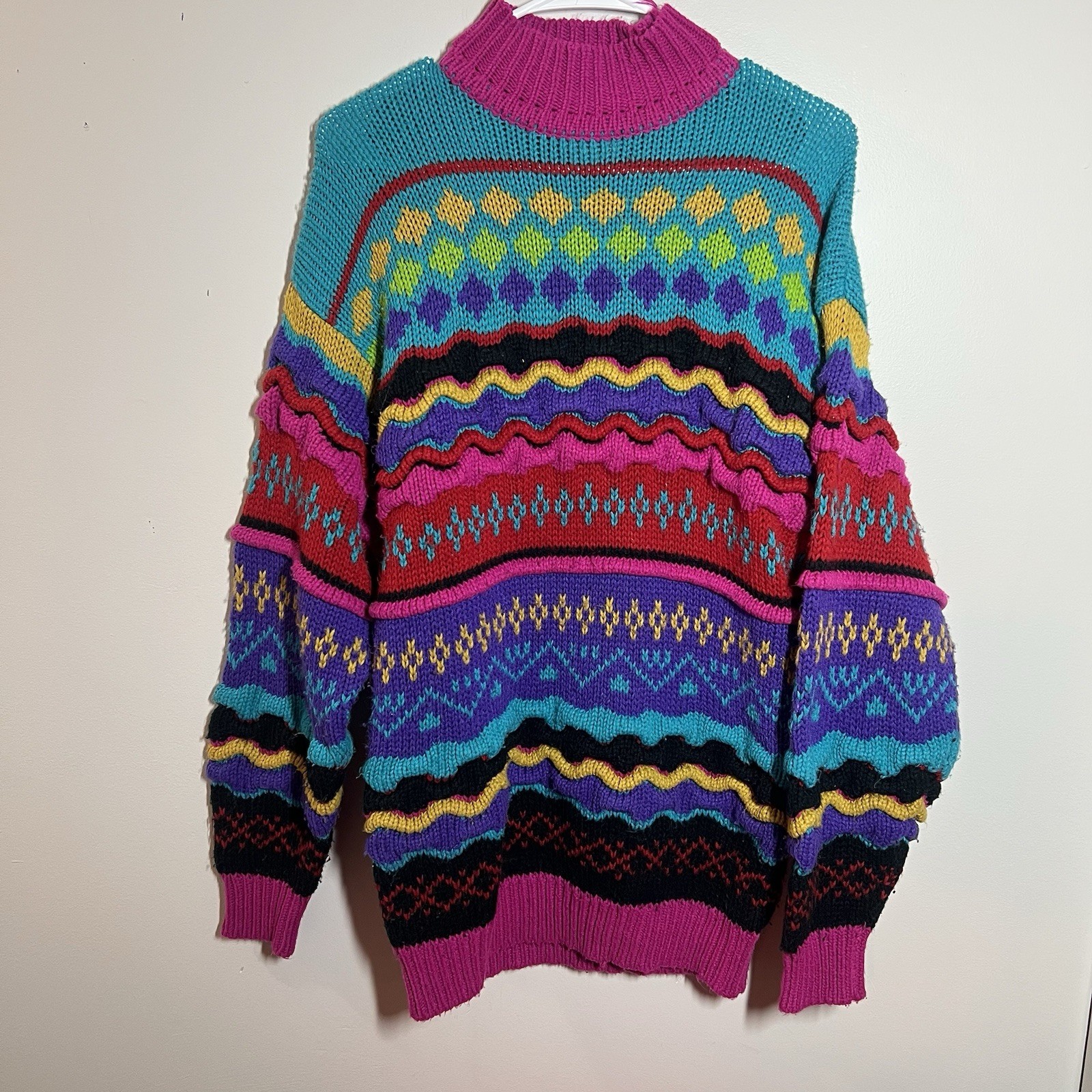Vtg IVY Multi-color 3D Coogi Style Cable Knit Sweater Acrylic Size M Cosby Mock