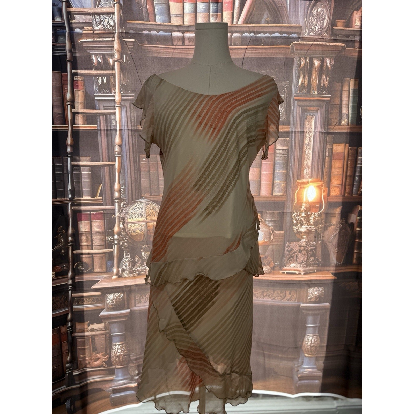 Vintage Amano Collection Chiffon Set – Peach Cream Striped 1970s Resort Elegance