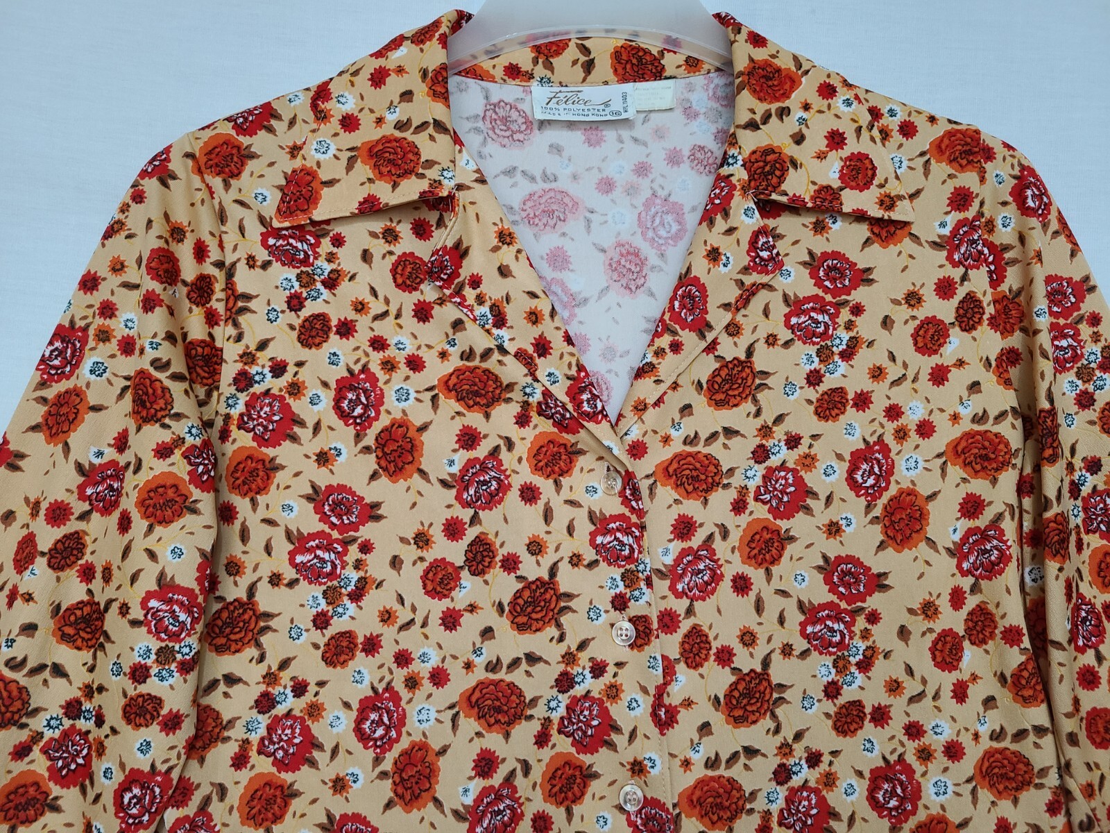 Vtg 70s Felice Orange/Red Floral Button Front Long Sleeve Blouse Sz 16 (ZG)