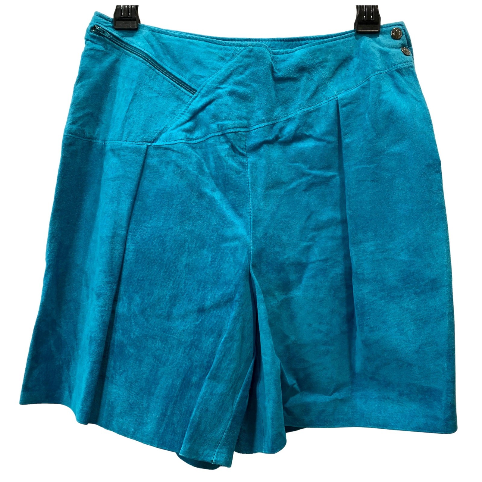 80s Dark Aqua Blue SUEDE Shorts | Asymmetrical Soft Leather | 28″ W