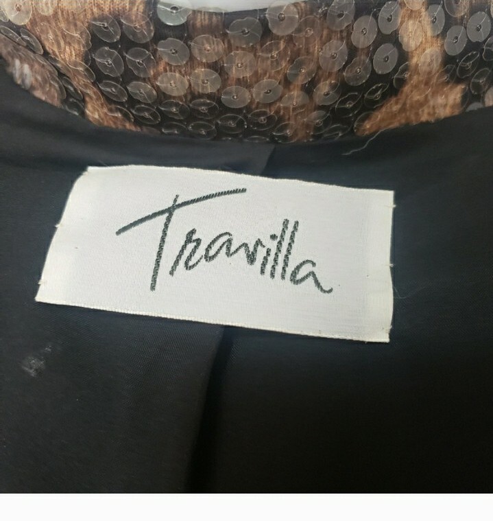 Travilla Blazer Women S Brown Leopard Print Sequin Open Front Jacket Vintage