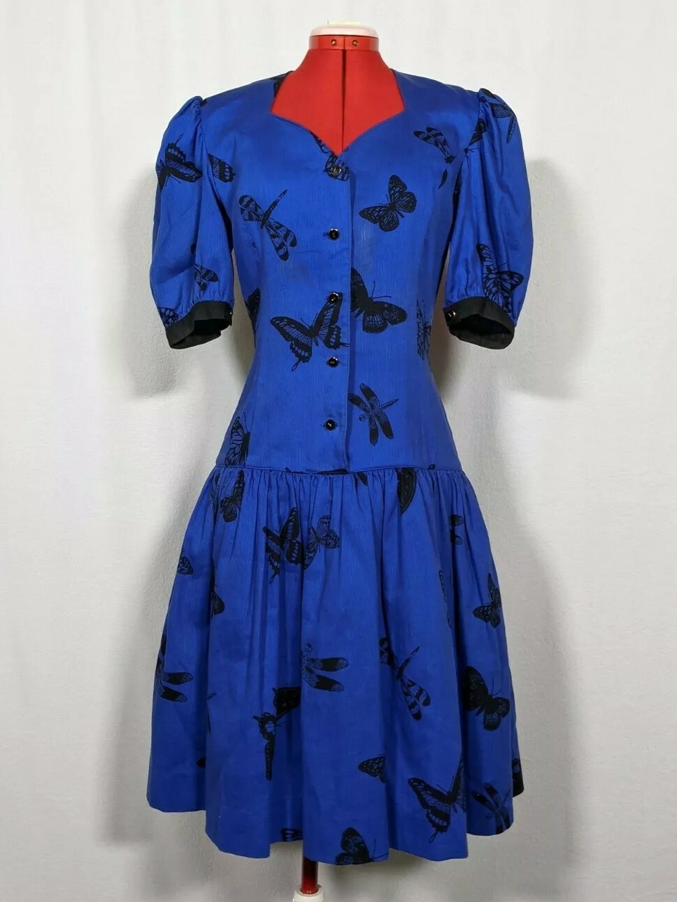 Hanae Mori Vintage Early 80s Butterfly Dragonfly Blue Dress Size 6 Made In Japan