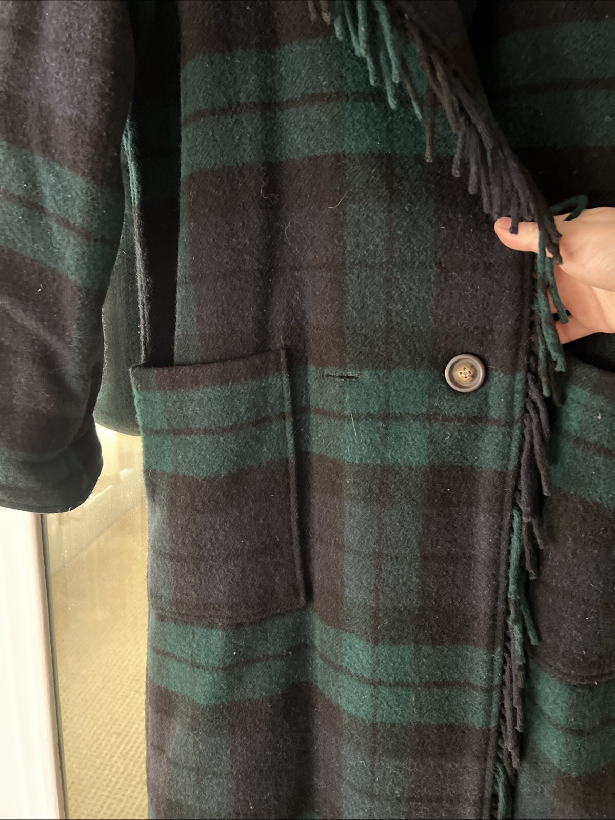 Vintage 80s HTF L.L. Bean Plaid Green Multi Fringe Wool Coat Hood Petite Medium