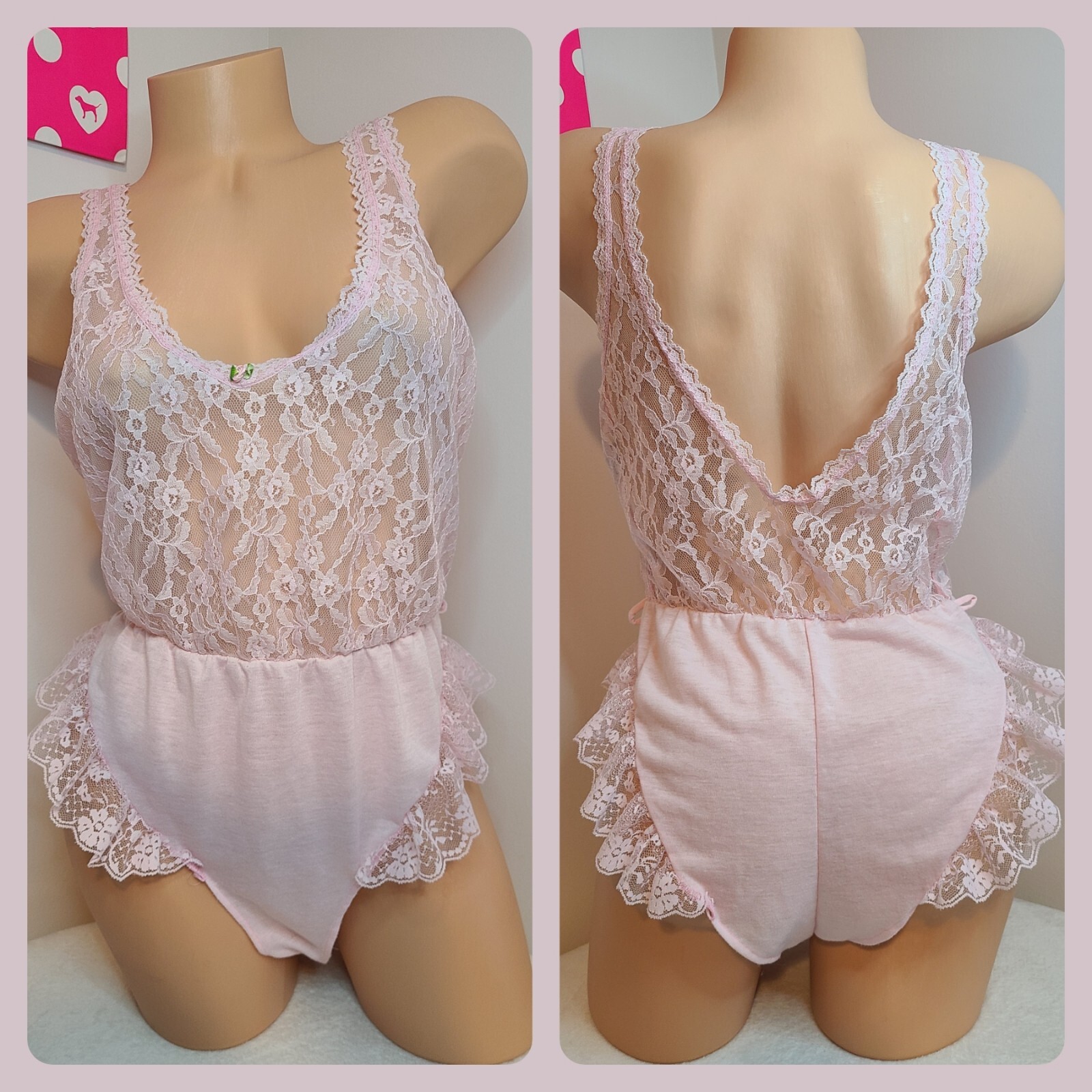 VTG 70s Dreamwear Lingerie Lace Ruffle Teddy Bodysuit Size M – Baby Pink