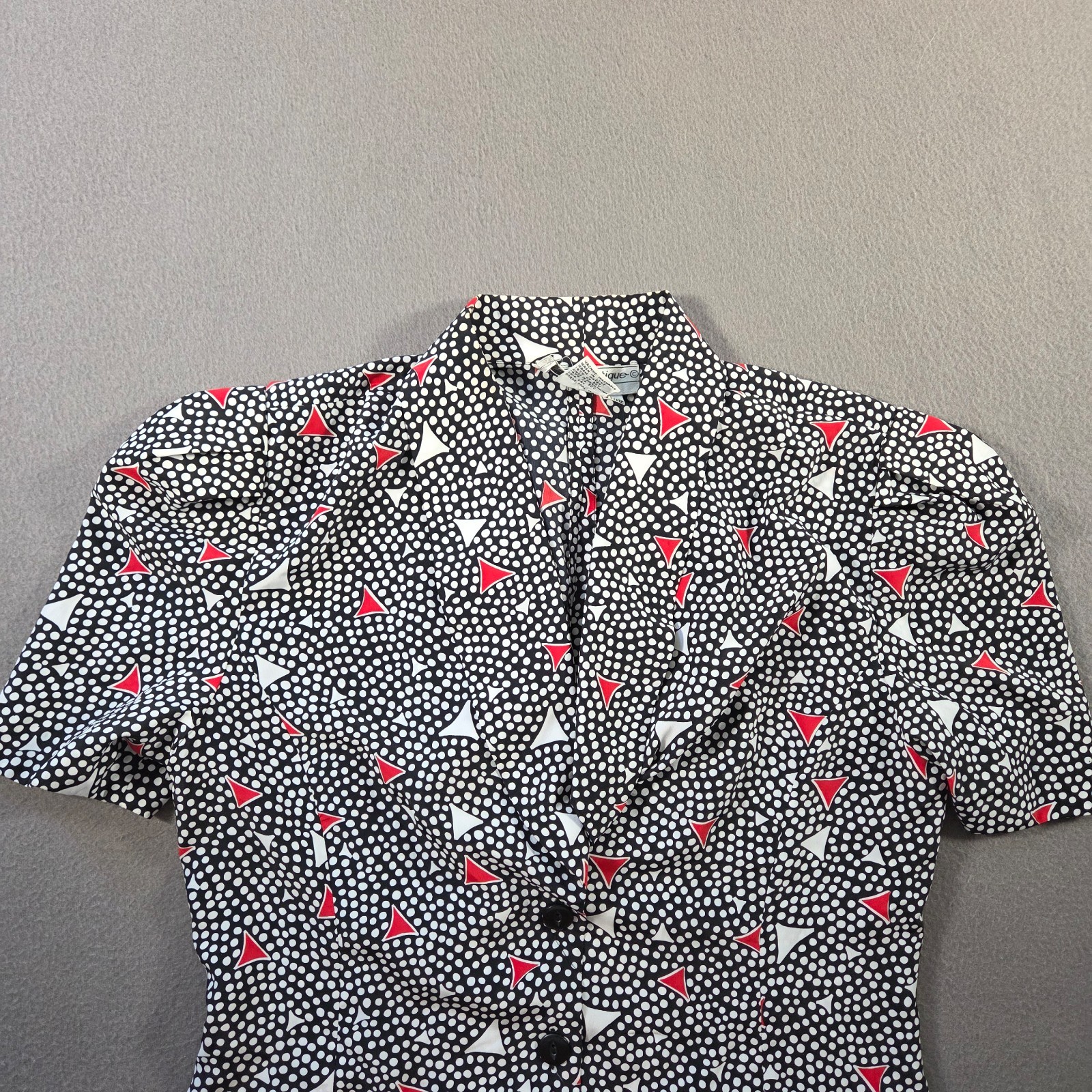 Vintage 80s Blouse Womens 12 Medium Black Polkadot Geometric Puff Sleeve Shirt