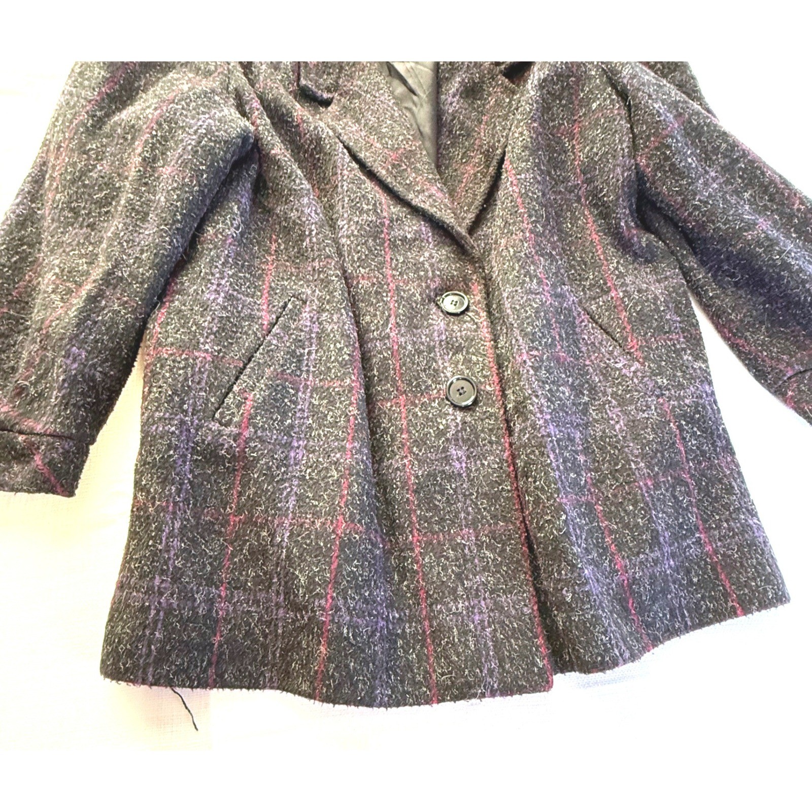 Vintage 80s Wool Plaid Blazer Coat NYC New York Girl Puff Shoulder Power Jacket