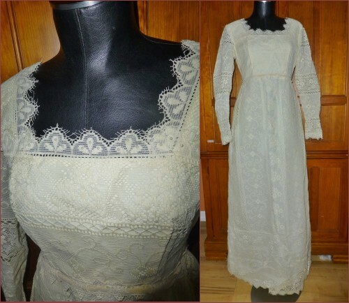Vintage 60s 70s Ivory Crochet LACE Hippie BoHo Prairie Wedding Party maxi DRESS