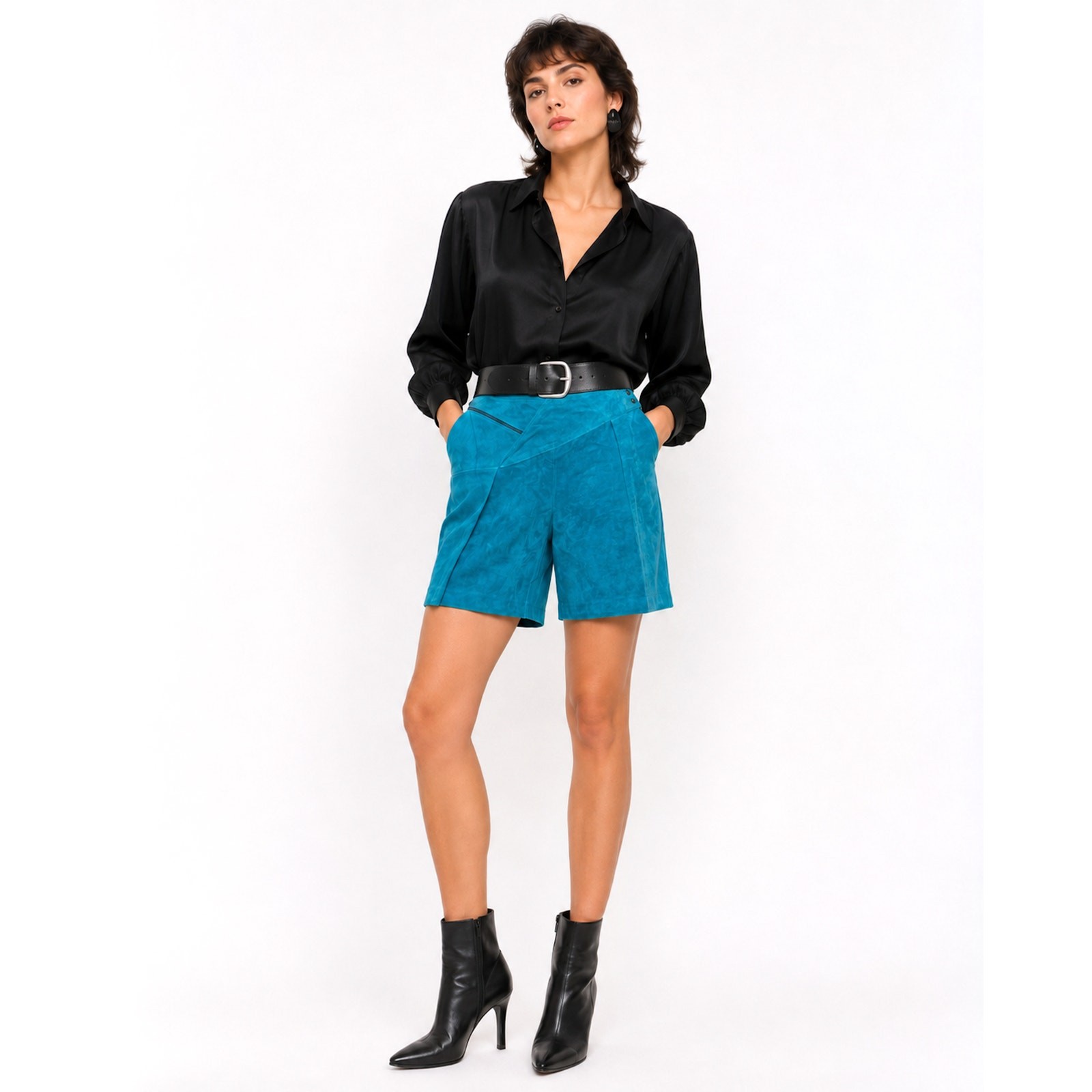 80s Dark Aqua Blue SUEDE Shorts | Asymmetrical Soft Leather | 28″ W