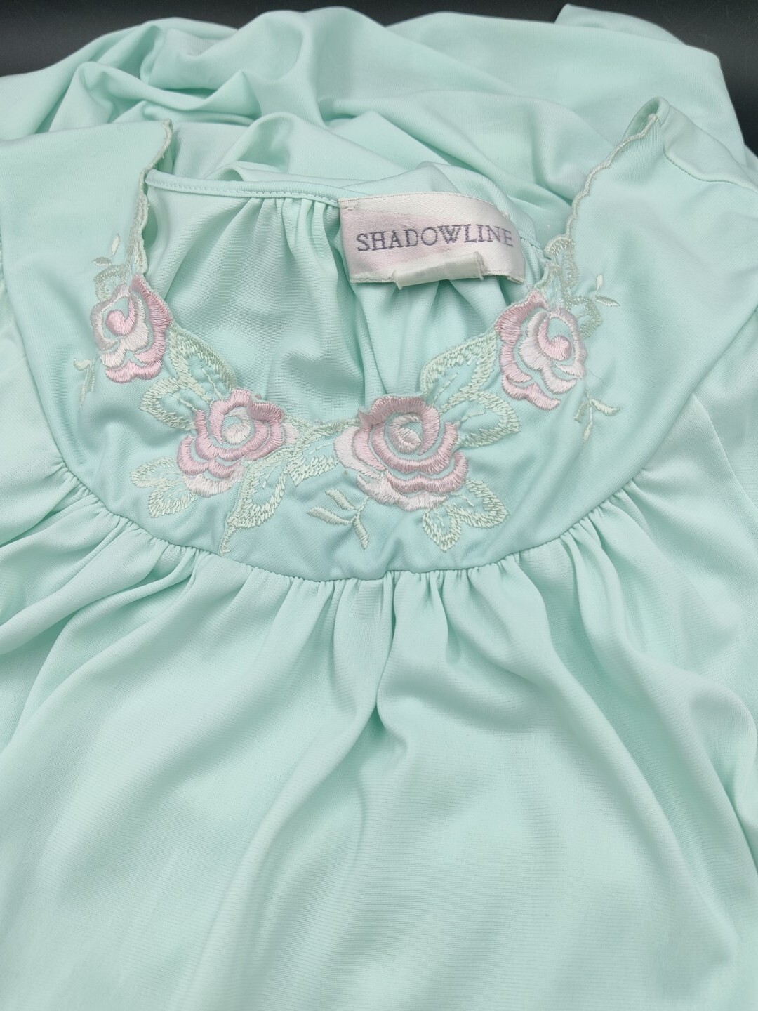 Vintage Shadowline Long Nightgown Small Aqua Green Embroidered Floral **Flaw