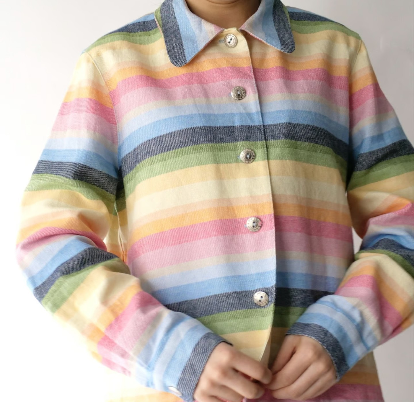Retro Pastel Rainbow Strip Linen Blend Shirt Jacket 18 Pocket Festival Coachella