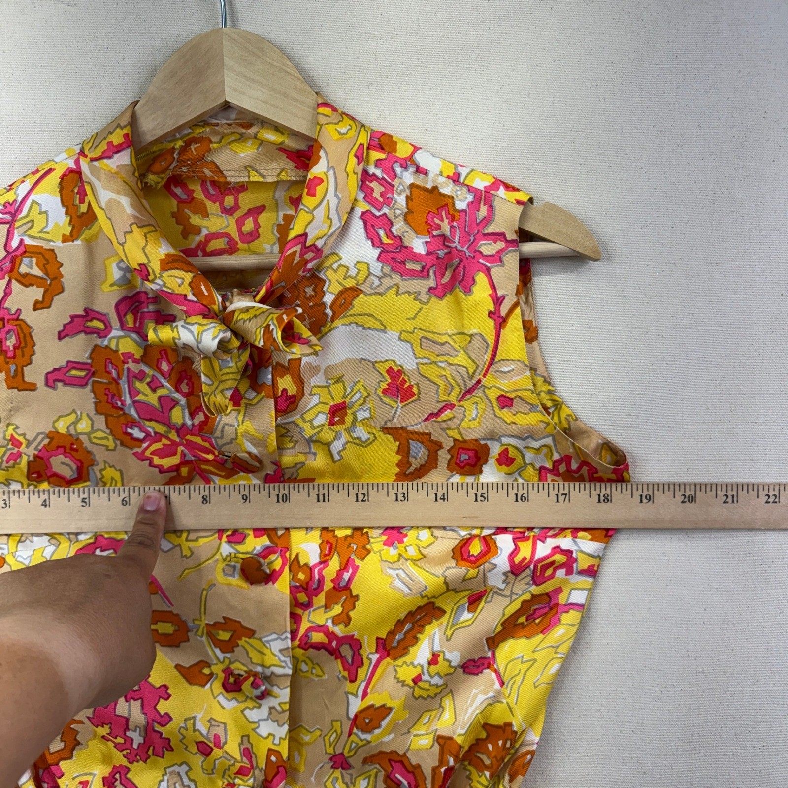 Sleeveless Bow Tie Blouse Yellow Floral Psychedelic Retro OOAF Womens S
