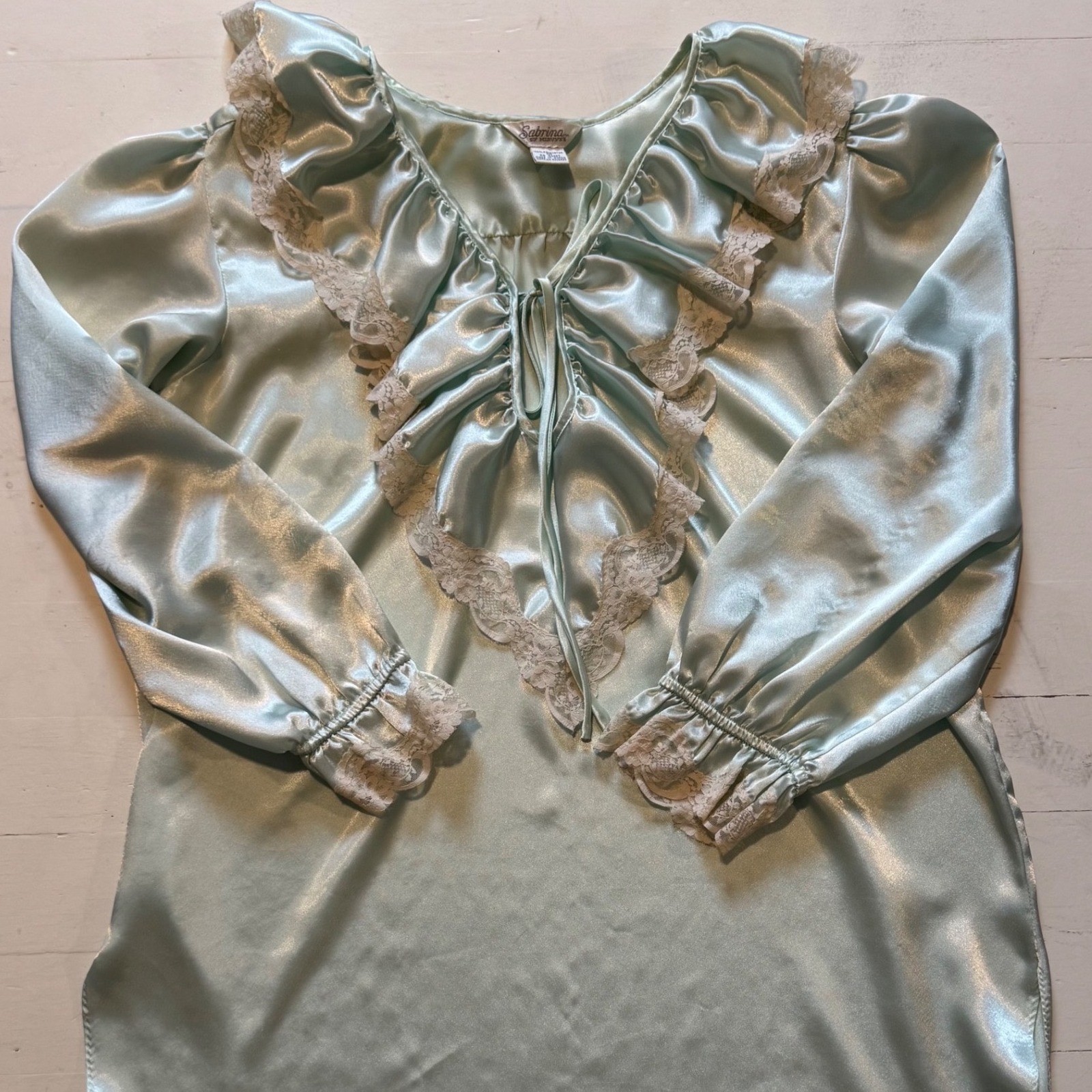 Vintage 80s Sabrina by Mervyn’s Mint Green Satin Lace Ruffle Nightgown Coquette
