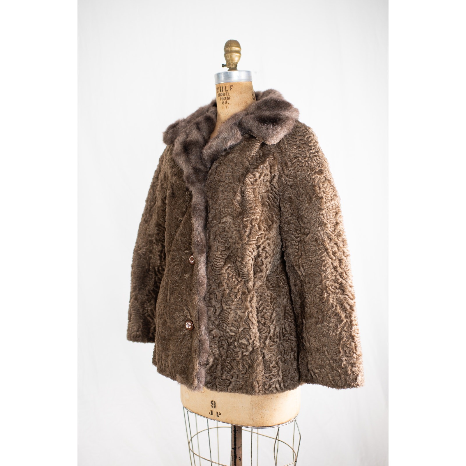 Vintage 1960s Brown Faux Curly Lamb Fur Swing Coat, Glam Old Money Jacket, S M