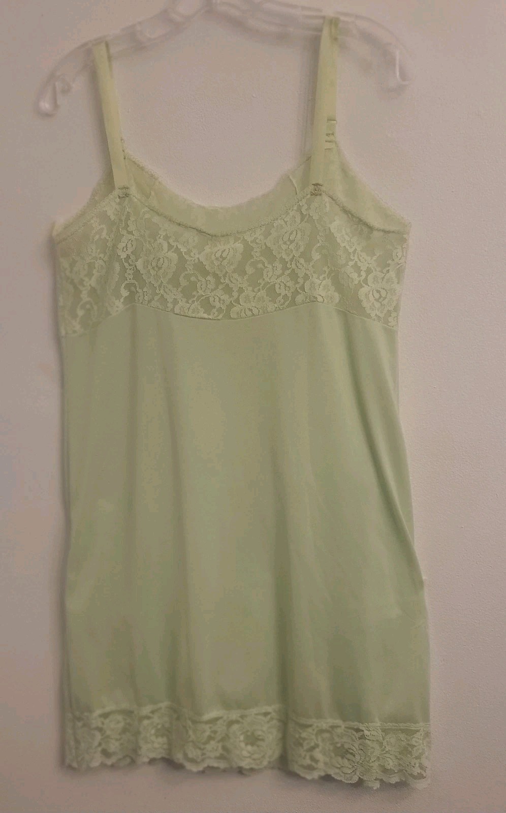 Monsanto Slip Dress L38 Lace Trim Green Nylon Satin Short Ajust.straps U.SA Vtg