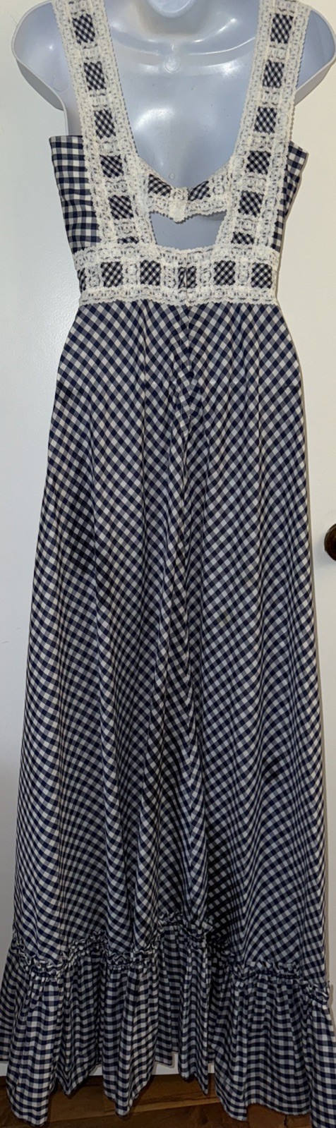 70s VTG Maxi Dress Blue White Gingham Lace Tiered Prairie CottageCore Unique