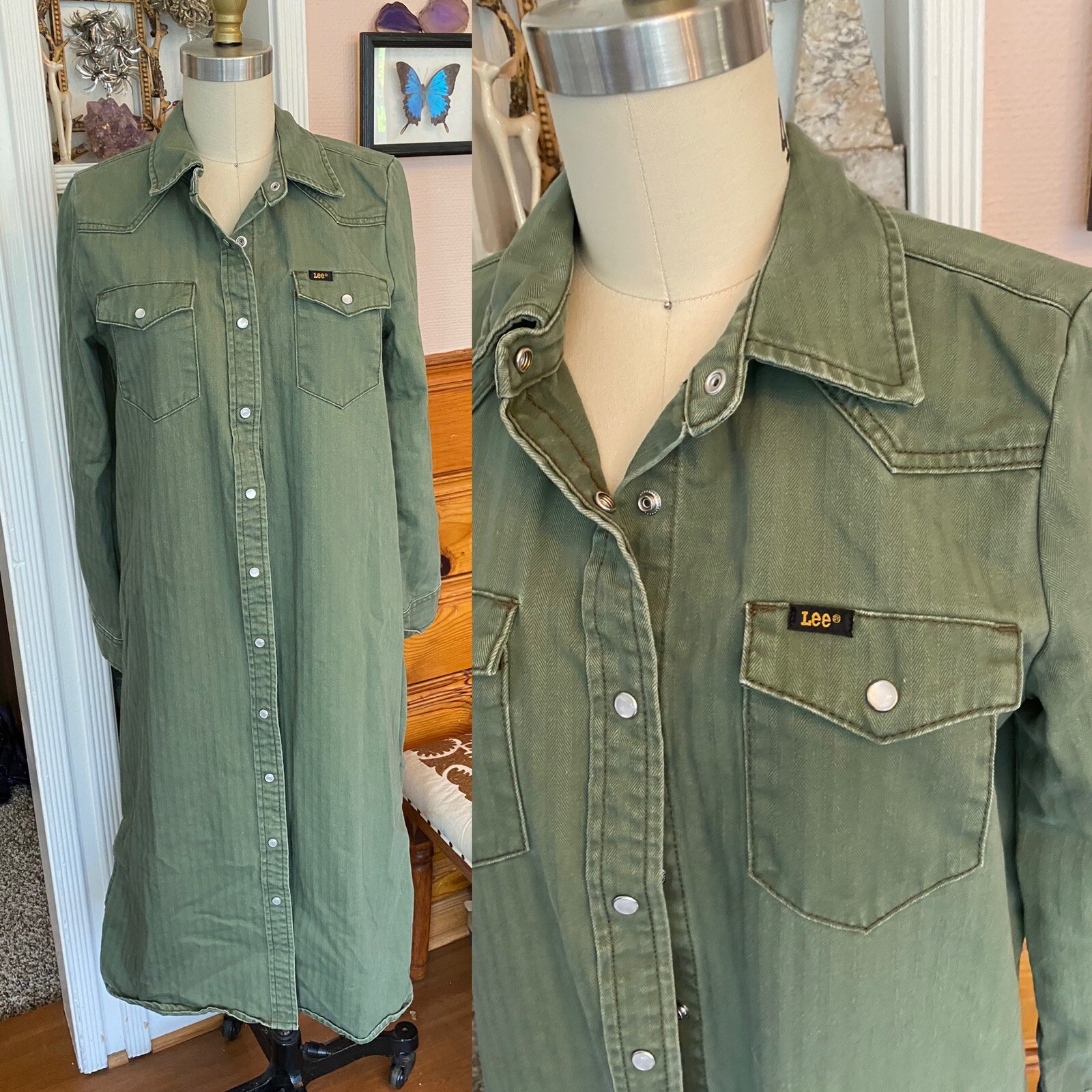 LEE Modern Vintage Western Midi Dress Sz S olive Coat Jacket Jeans